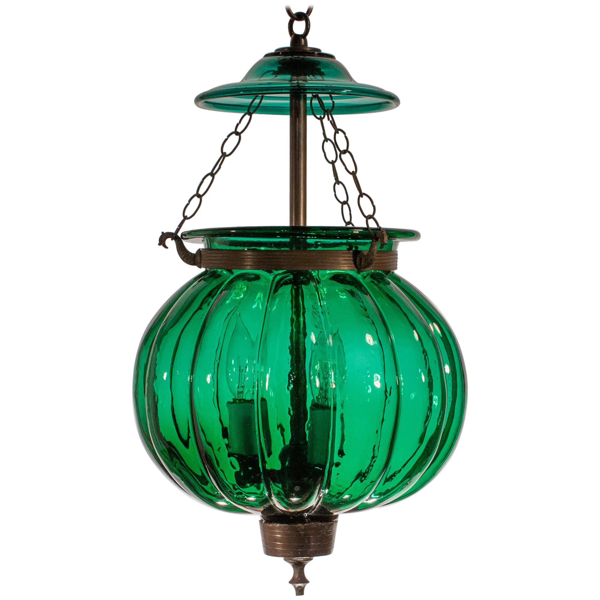 Antique Emerald Green Pumpkin or Melon Bell Jar Lantern