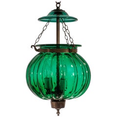 Antique Emerald Green Pumpkin or Melon Bell Jar Lantern