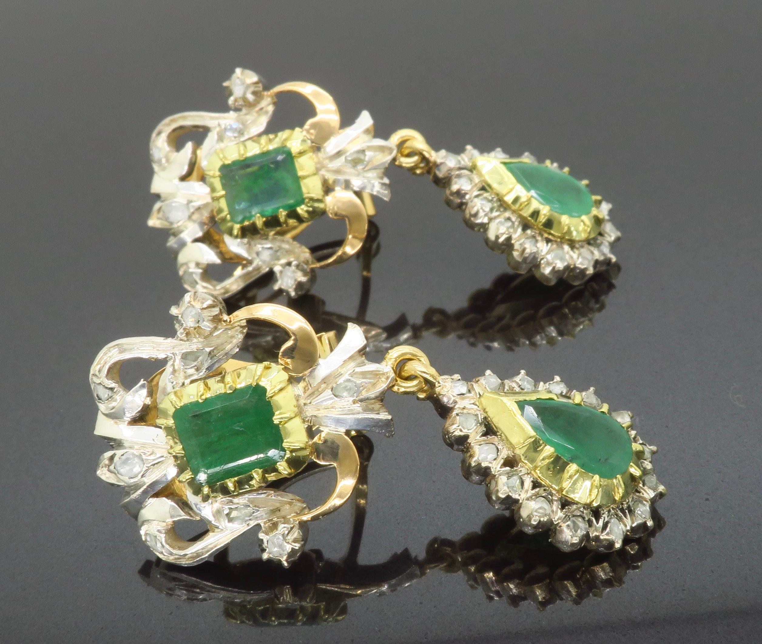 19th Century Emerald & Rose cut Diamond Chandelier Earrings 3