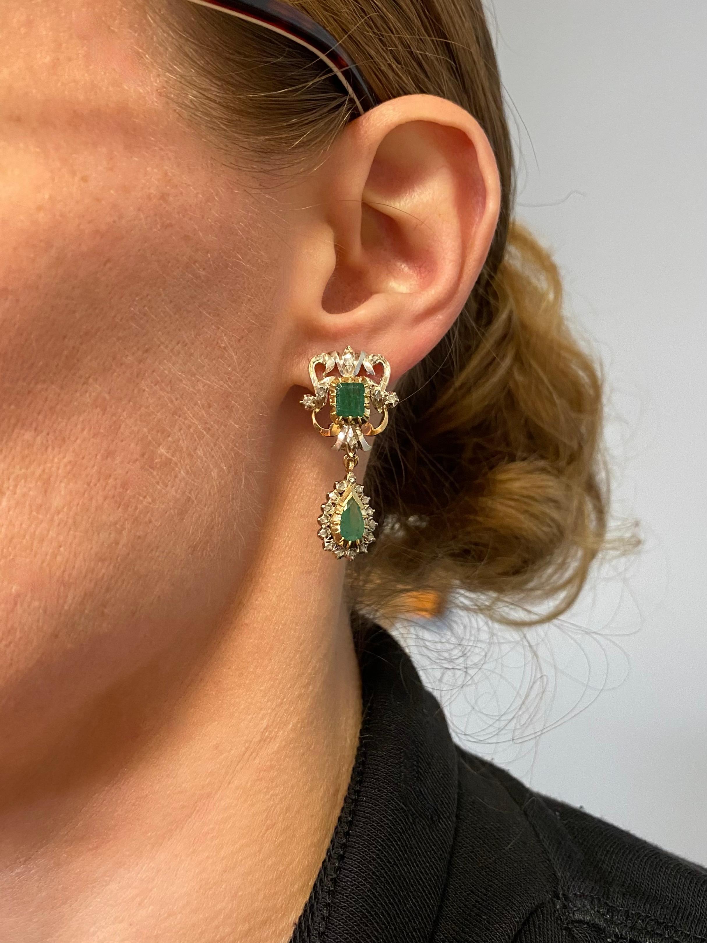 19th Century Emerald & Rose cut Diamond Chandelier Earrings 4