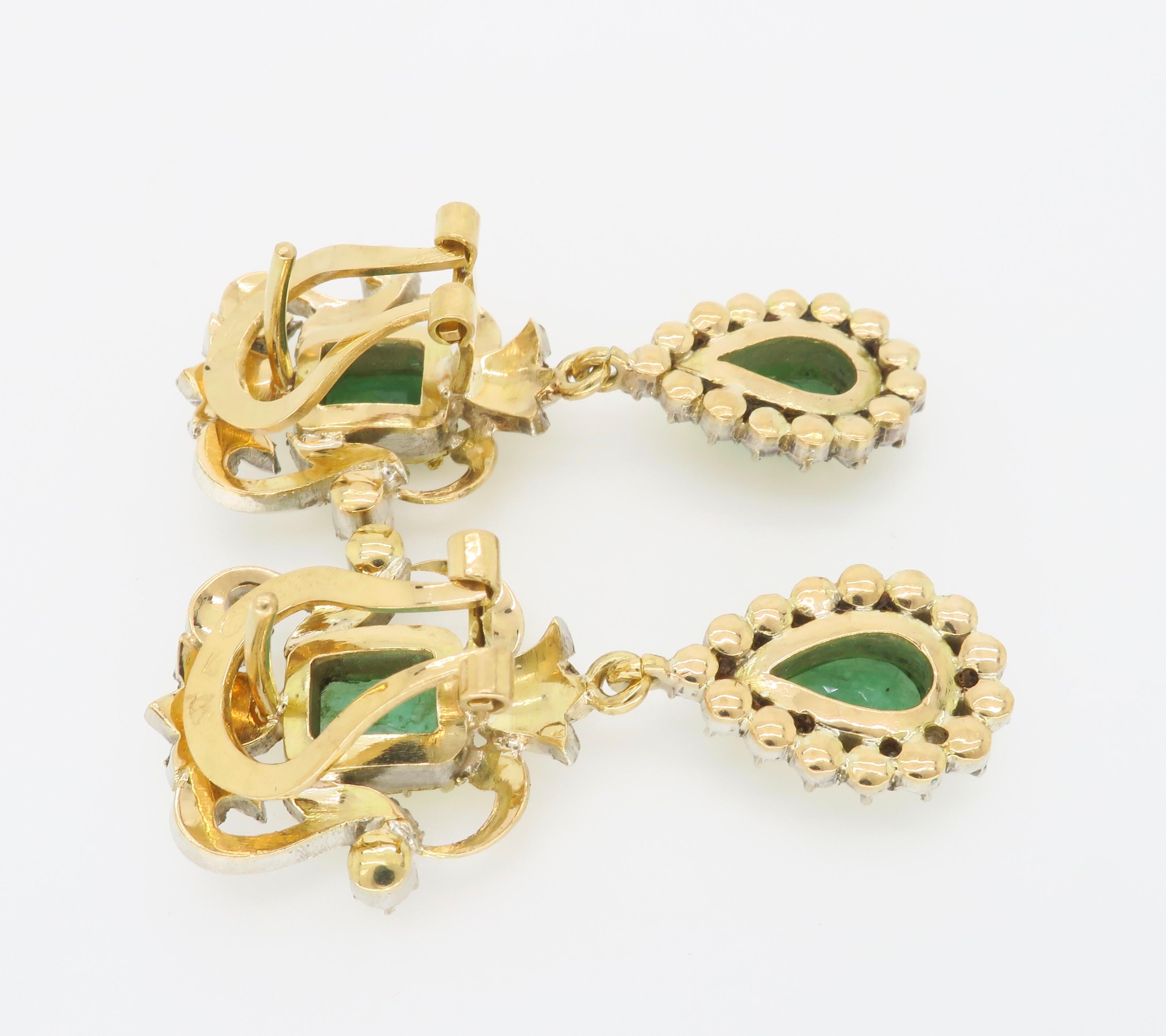 19th Century Emerald & Rose cut diamond chandelier earrings made in 18k white & yellow gold. 

Gemstone: Emerald & Diamond
Gemstone Carat Weight: Approximately 2.00ctw 
Diamond Carat Weight:  Approximately .25CTW
Diamond Cut: Rose Cut 
Metal: 18K