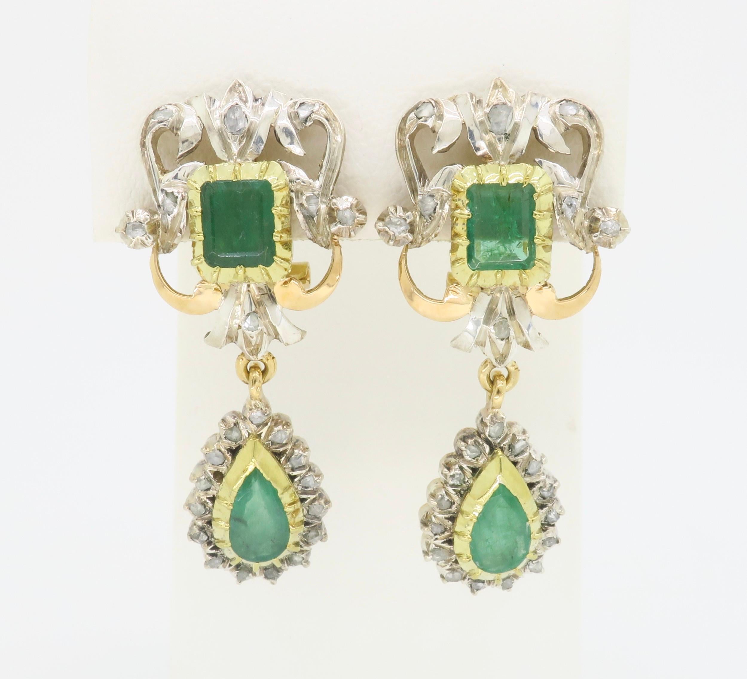 Rose Cut 19th Century Emerald & Rose cut Diamond Chandelier Earrings