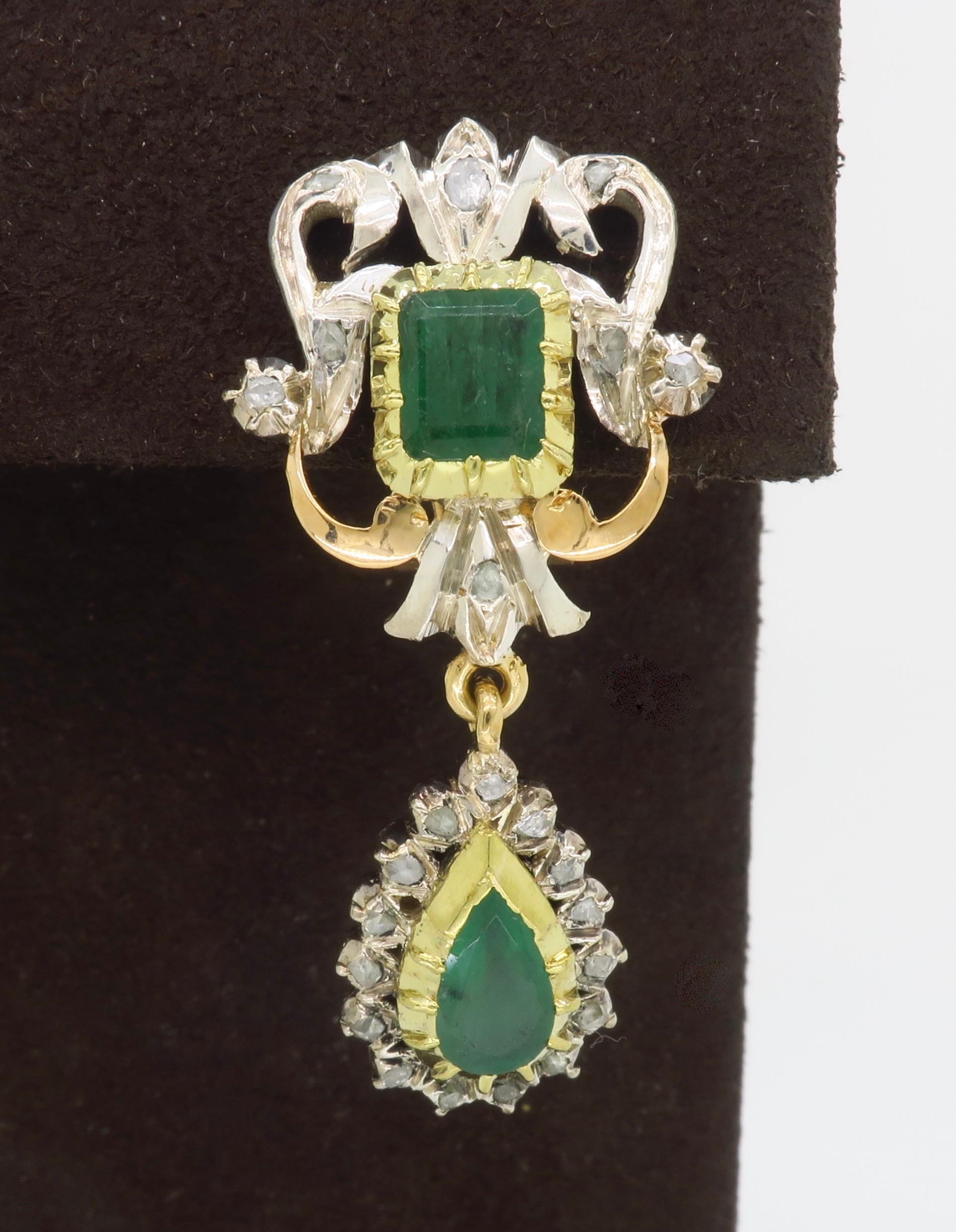 19th Century Emerald & Rose cut Diamond Chandelier Earrings In Excellent Condition In Webster, NY
