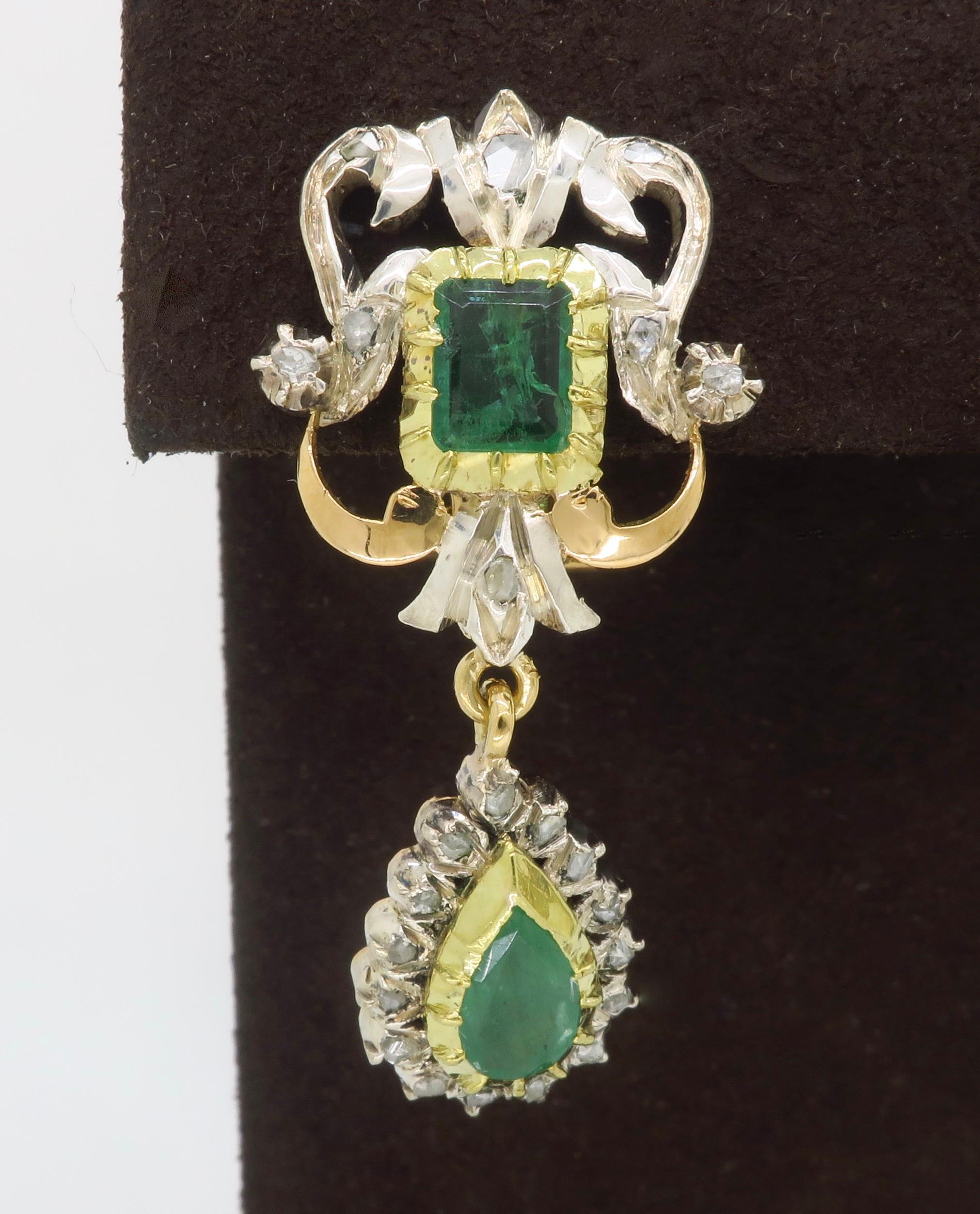 Women's 19th Century Emerald & Rose cut Diamond Chandelier Earrings