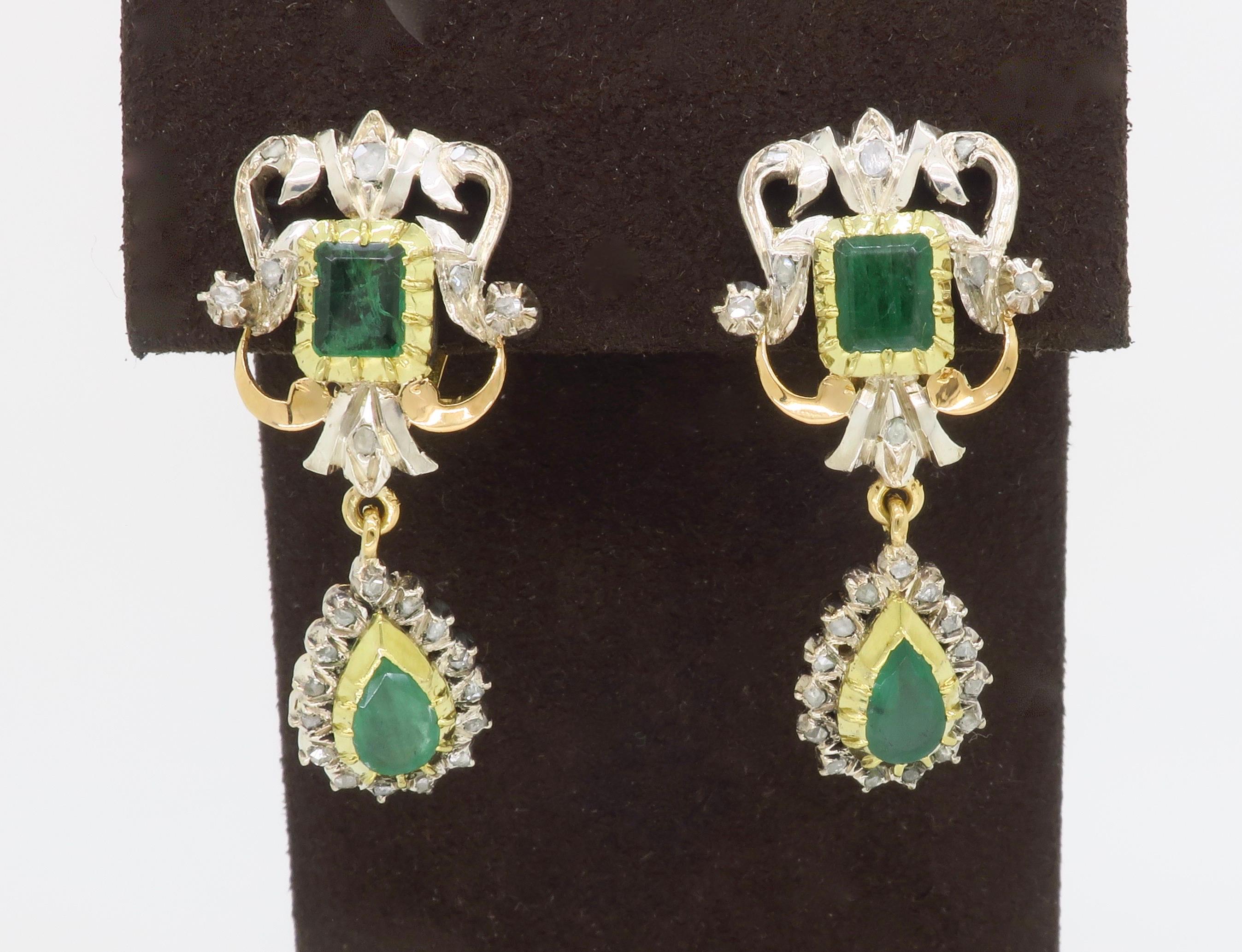 19th Century Emerald & Rose cut Diamond Chandelier Earrings 1