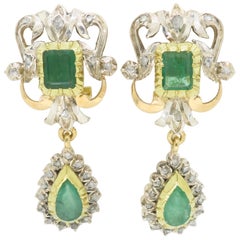 Pendientes araña de esmeraldas y diamantes talla rosa del siglo XIX