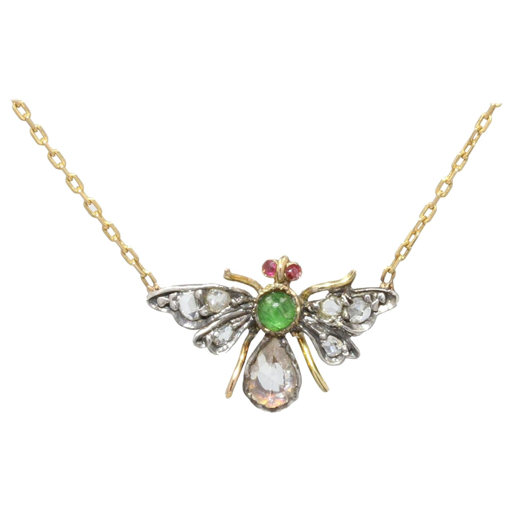 19th Century Emerald Ruby Diamonds 18 Karat Yellow Gold Necklace