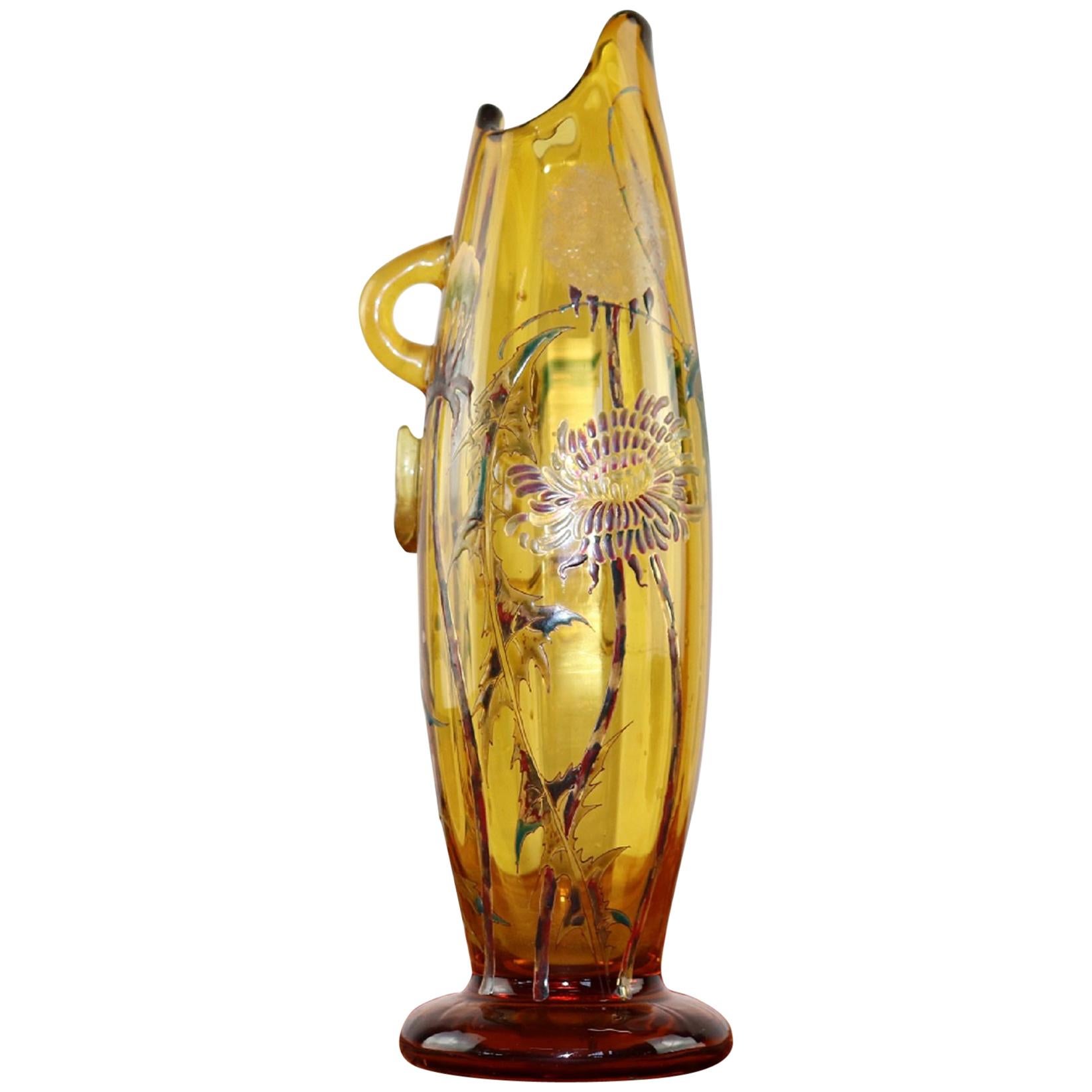 19th Century Emile Gallé French Vase in Transparent Amber Color Glass