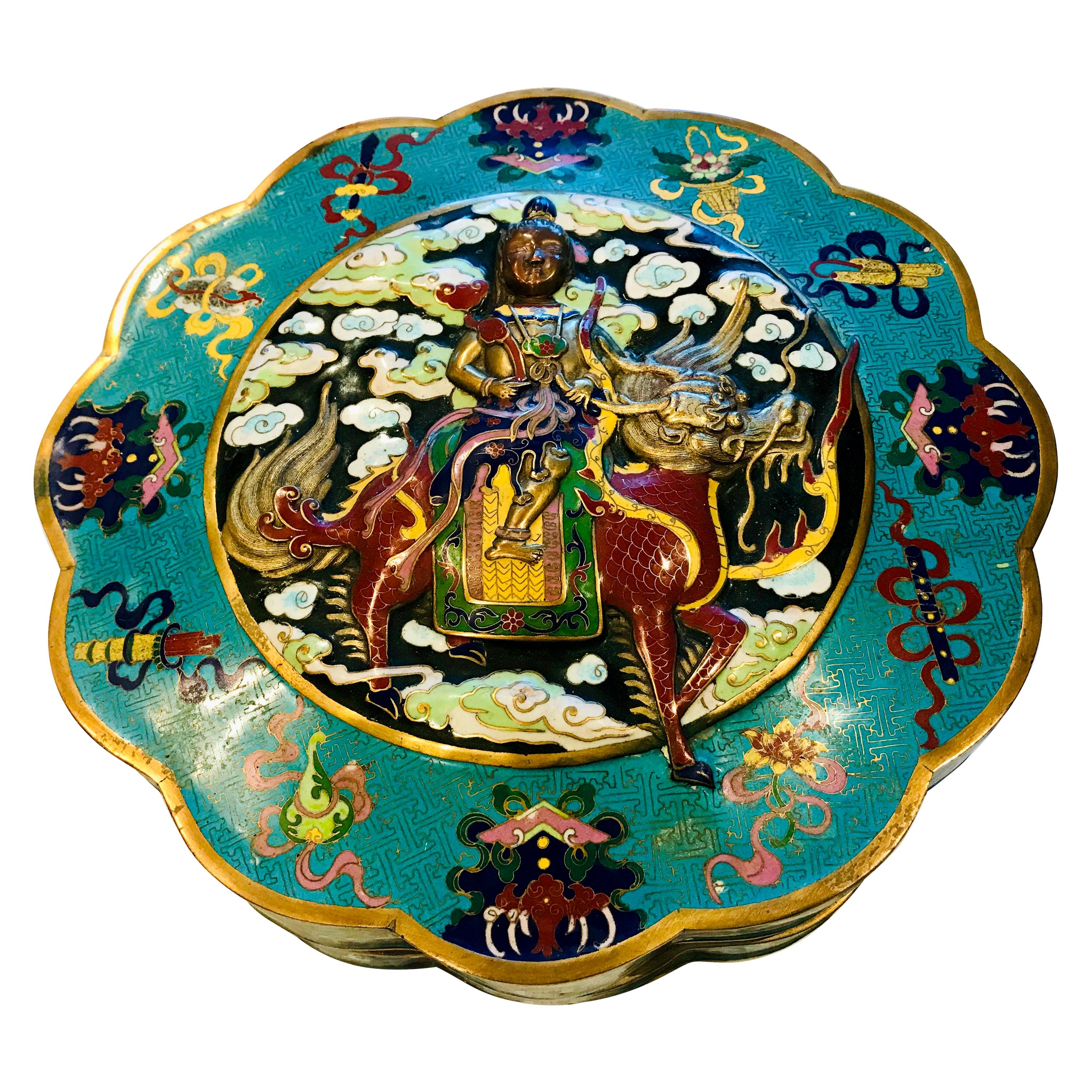 19th Century Emperor-on-Dragon and Lucky-Bat Design, Qing Dynasty Cloisonné Box For Sale