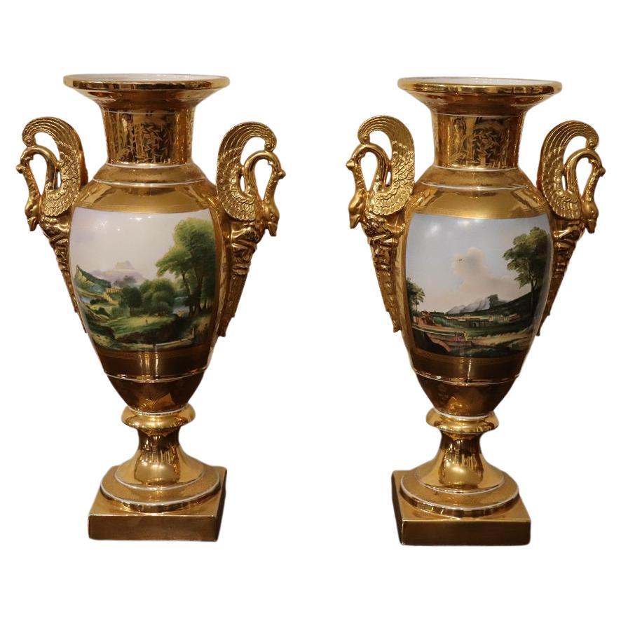 19th Century Empire Amphora Vases in Gilded Porcelain with Handles of Swans