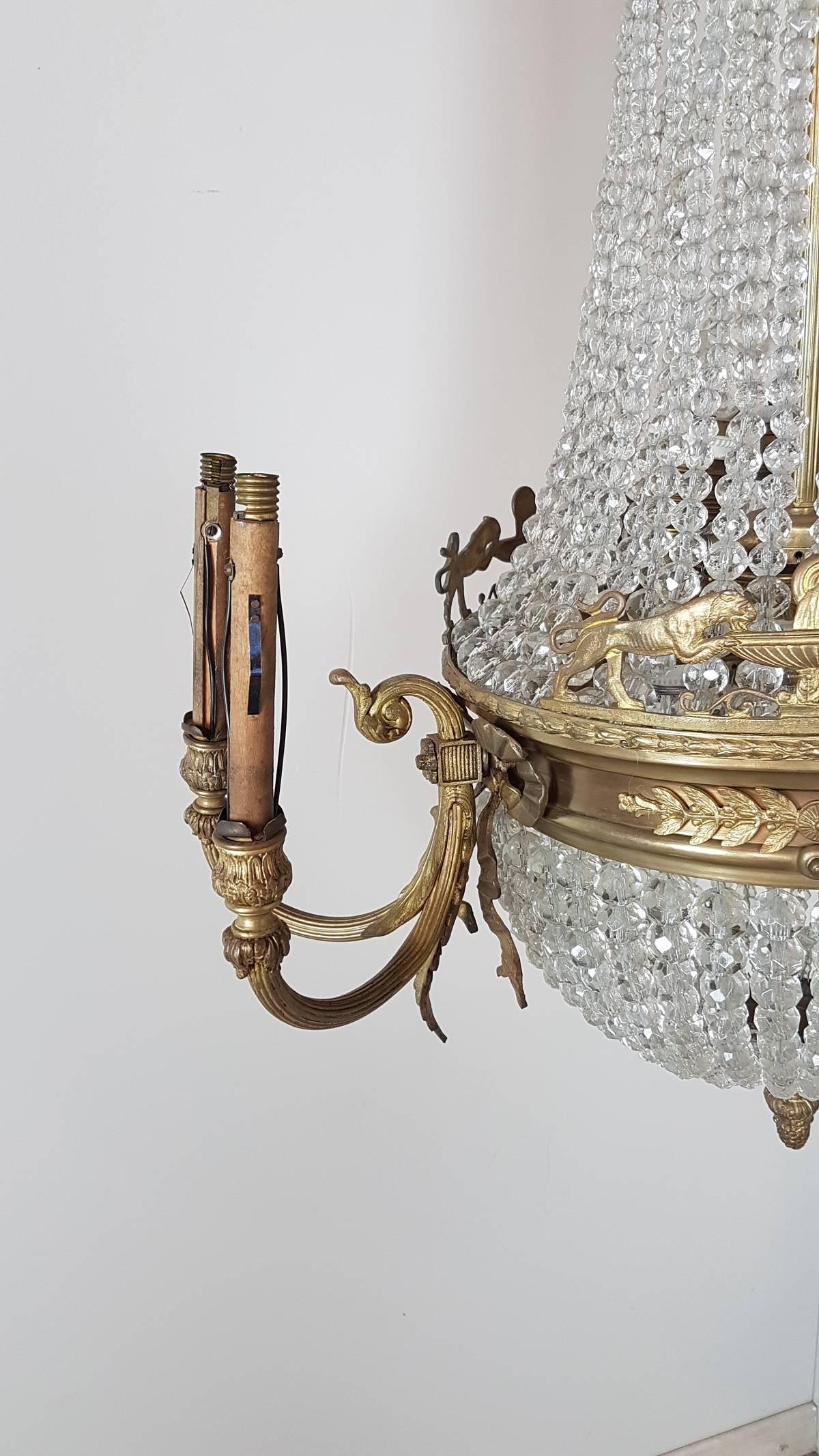 Gilt 19th Century French Empire Gilded Bronze and Crystals Chandelier