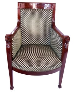 19th Century Empire Carved Mahogany & Cut Velvet Upholstered Bergere