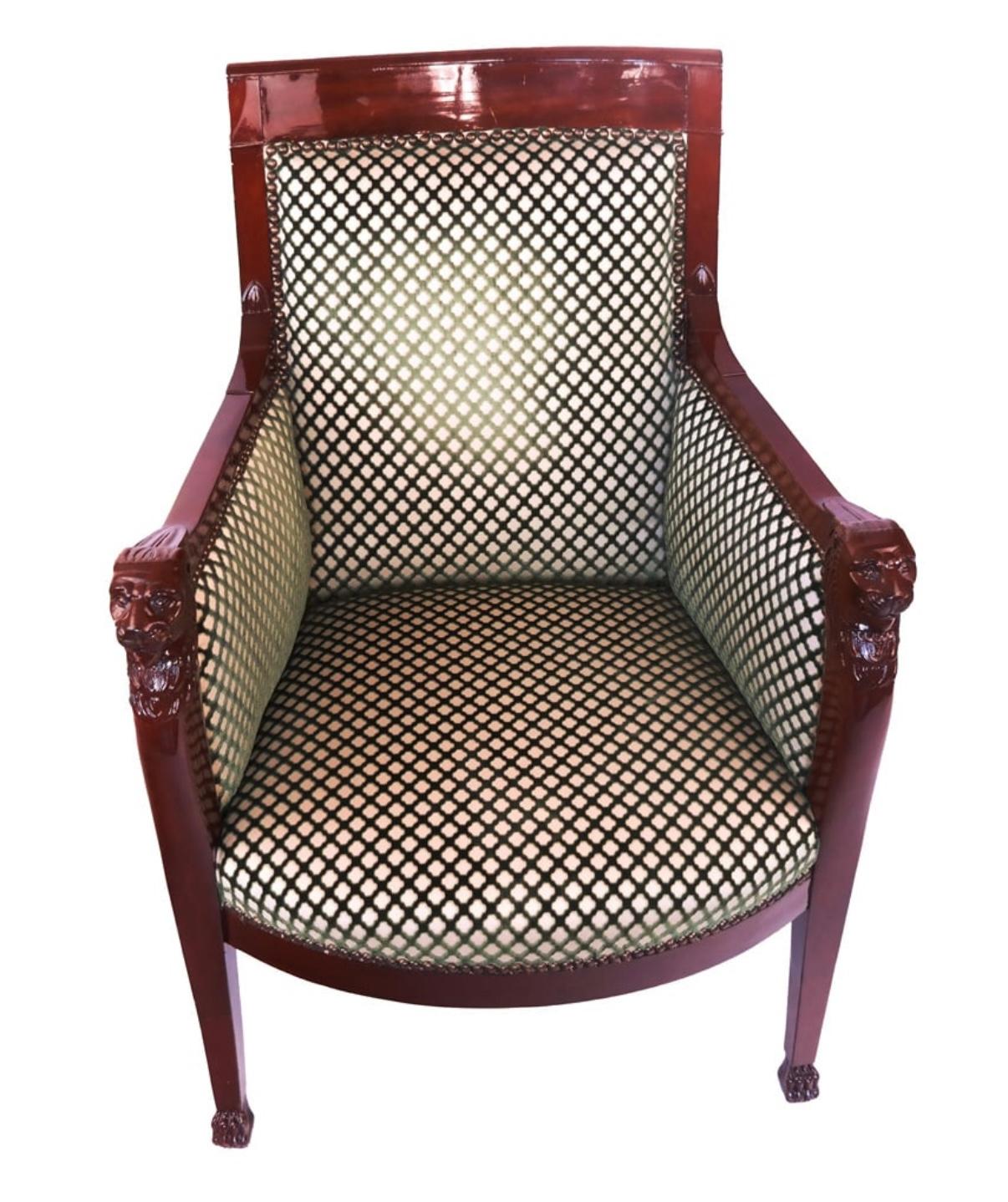 French 19th Century Empire Carved Mahogany & Cut Velvet Upholstered Bergere For Sale