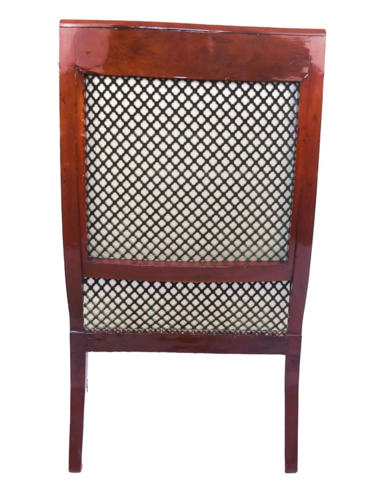 Upholstery 19th Century Empire Carved Mahogany & Cut Velvet Upholstered Bergere For Sale