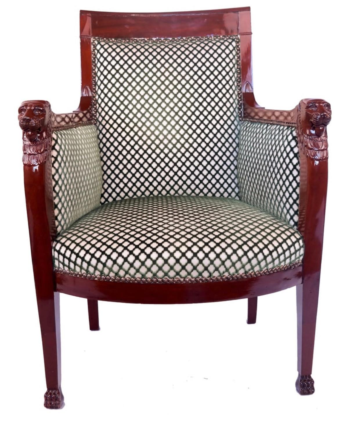 19th Century Empire Carved Mahogany & Cut Velvet Upholstered Bergere For Sale 4