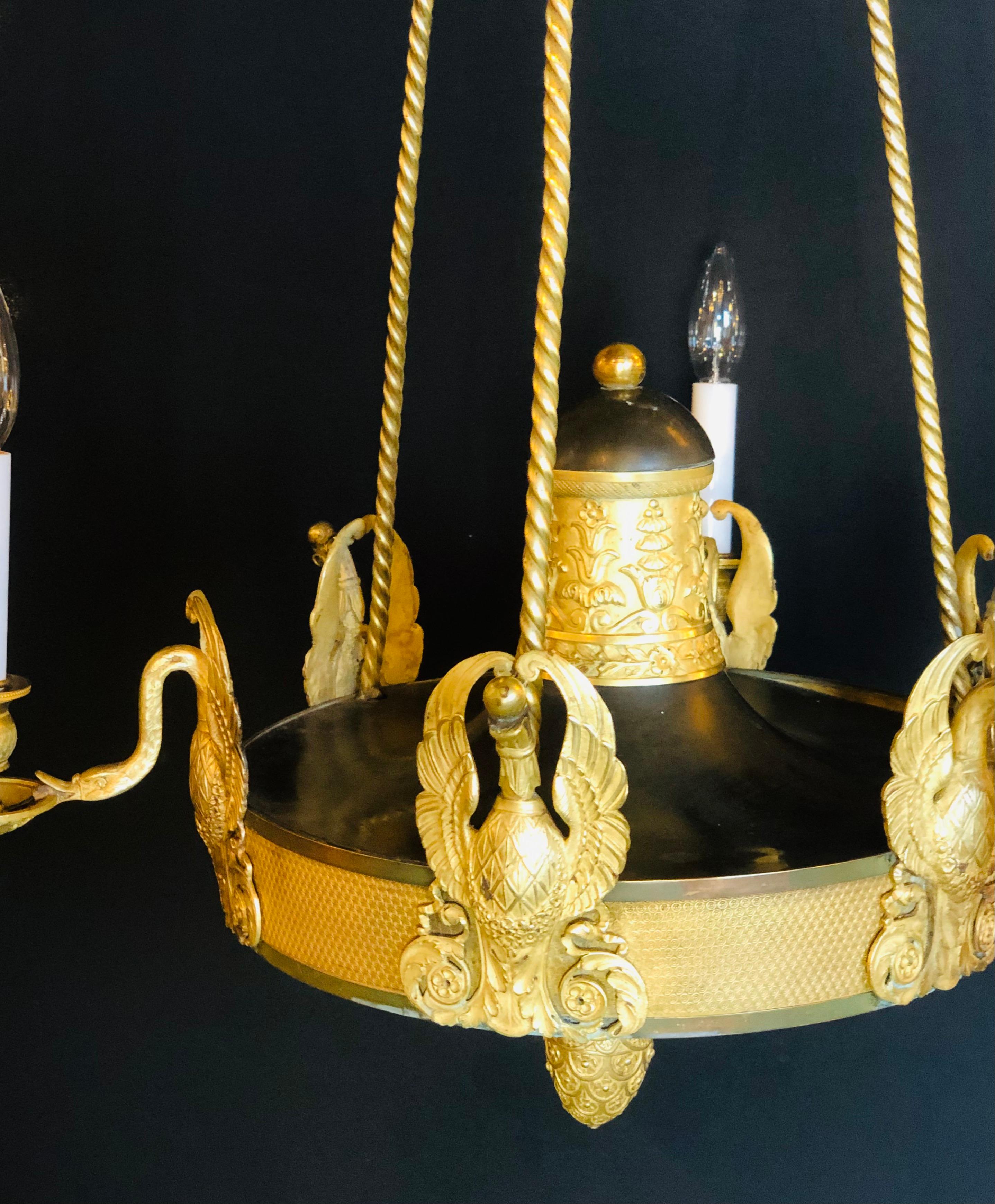 Bronze 19th Century Empire Chandelier with Full Figure Swan Arms