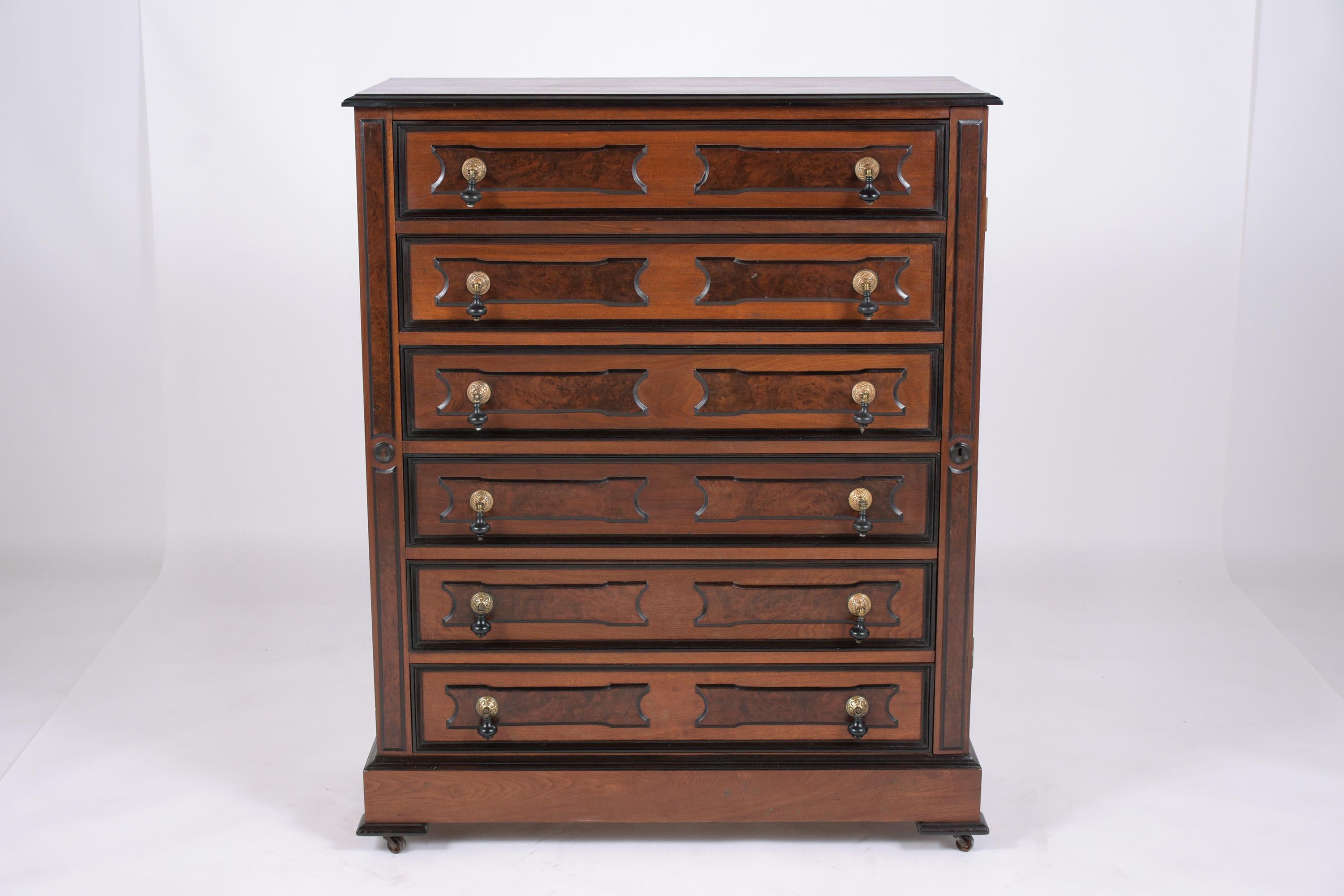An extraordinary late 19th-century empire chest of drawers in great condition beautiful crafted out of mahogany wood that has been completely restored by our craftsmen team. This 1880s chest is eye-catching featuring a rich mahogany color with