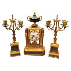 Gilt Bronze And Blue Turquin Marble Clock Set, Raingo Frères, 19th Century.
