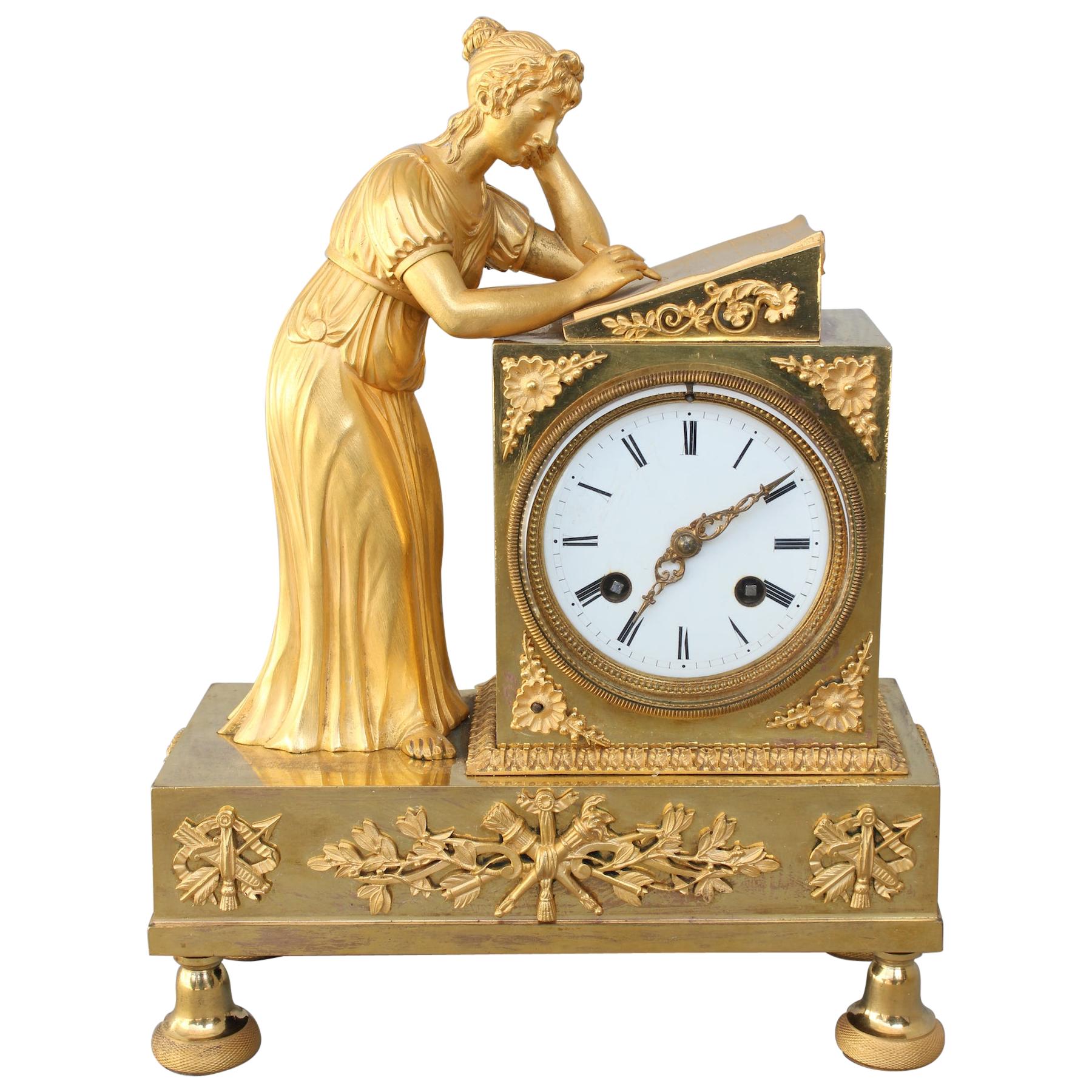 19th Century Empire Clock Representing a Woman Writing For Sale