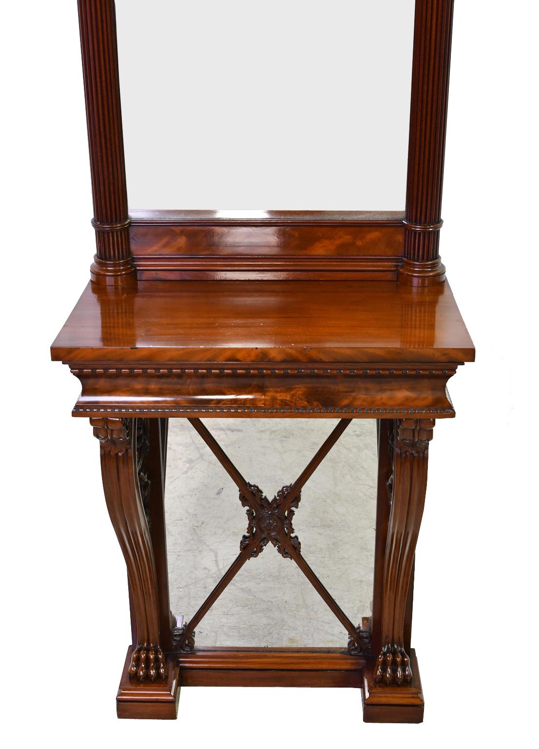 Polished Tall Neoclassical-Style Console & Pier Mirror in Mahogany, Denmark, c. 1830