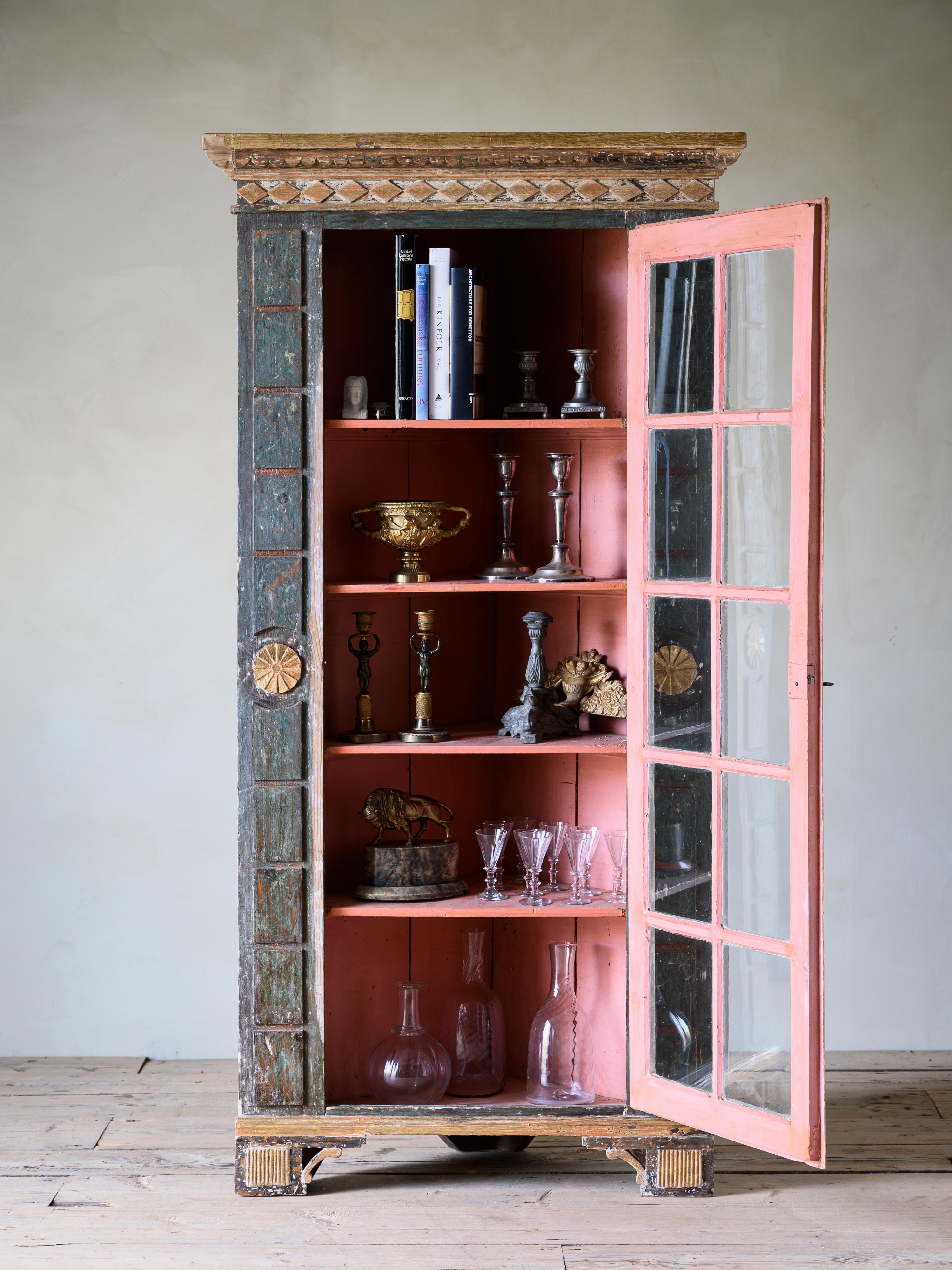 An unusual 19th century Empire vitrine corner cabinet, circa 1830, Denmark.