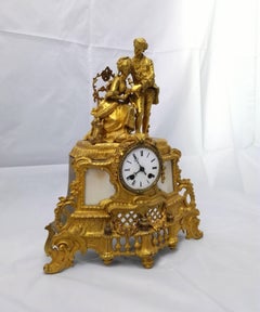 19th Century Empire Fire Gilded Mantel Clock Marble Inlays Figurines Coronation