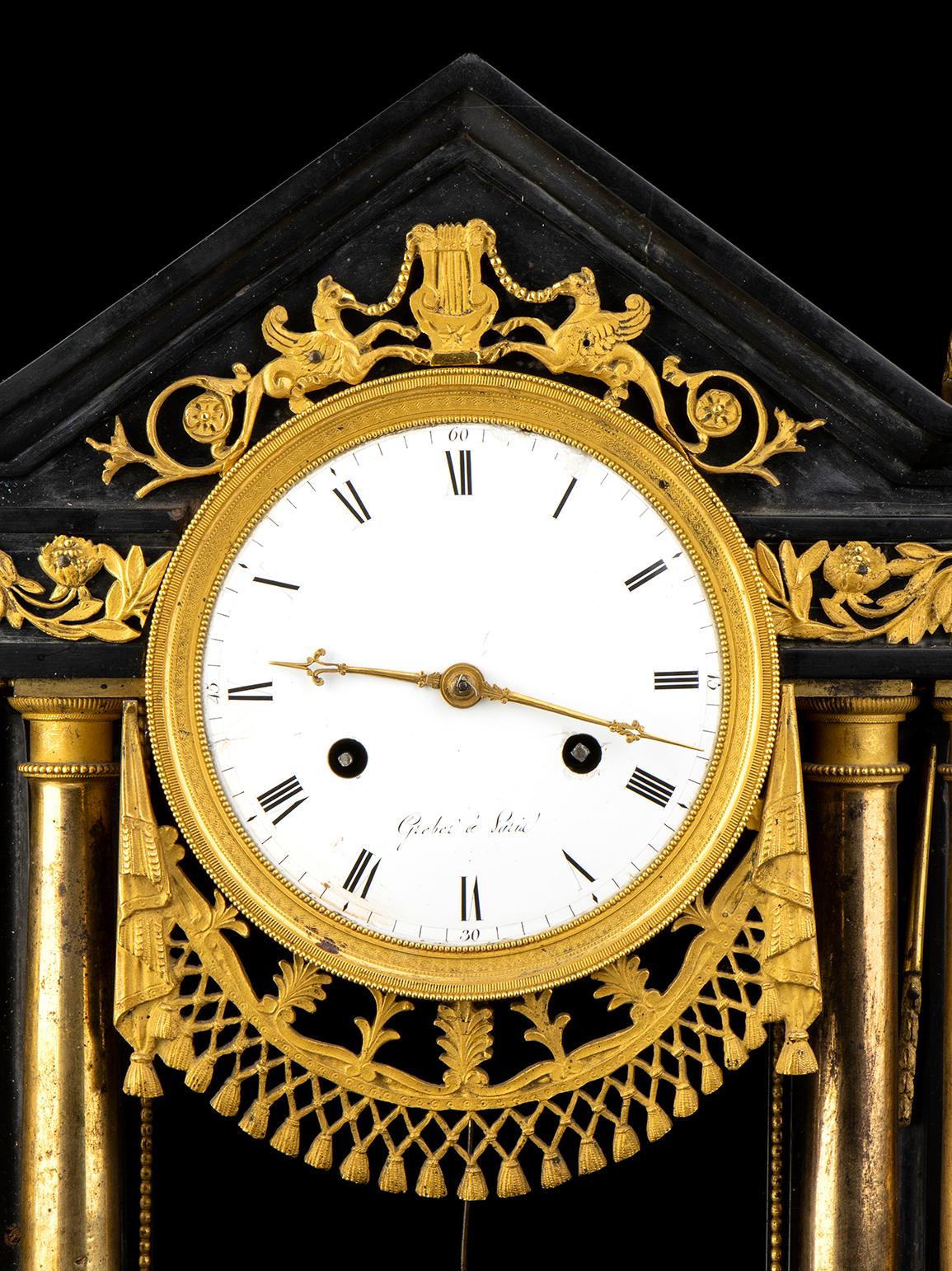 Gilt 19th Century Empire French Black Marble Bronze Mantel Clock For Sale