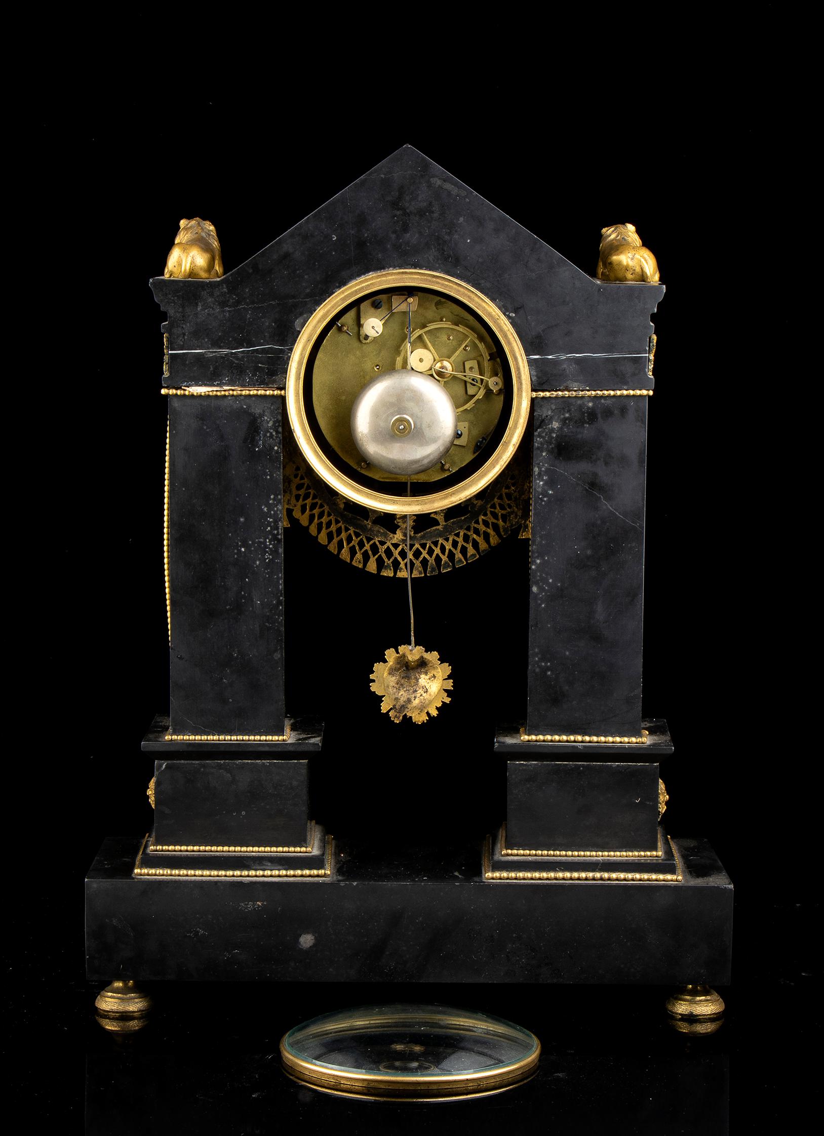 19th Century Empire French Black Marble Bronze Mantel Clock For Sale 2