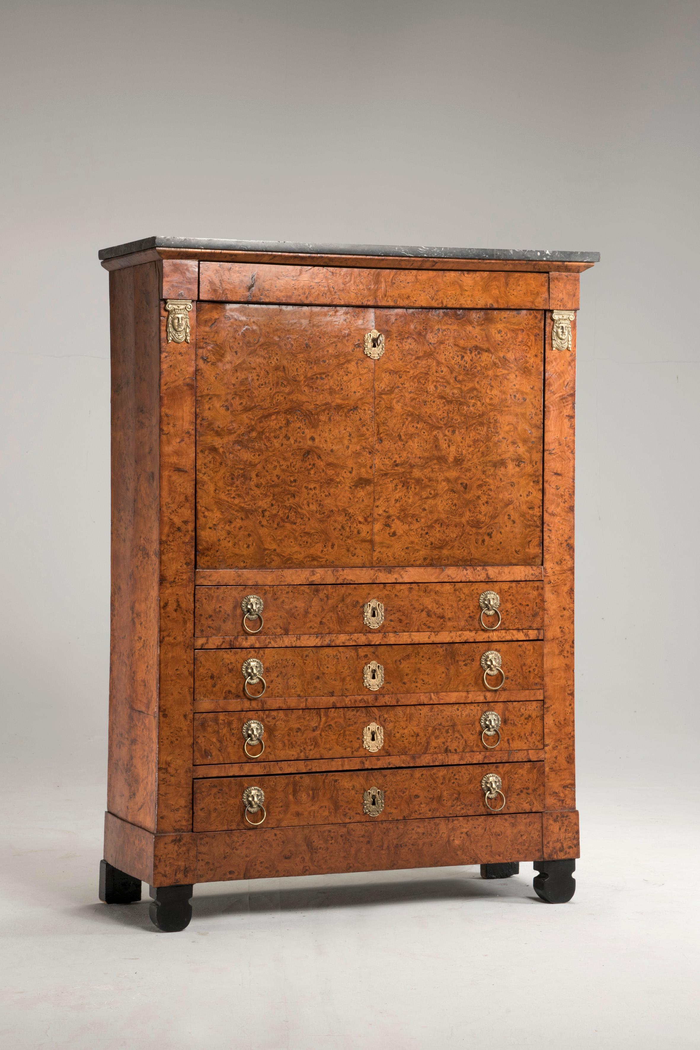 19th century Empire French Elm Briar Secretaire, featuring a down drop door besides four drawers and original golden bronze handles and hardware. 
The inner part is organized with some small drawers and the drop down inner door is covered with