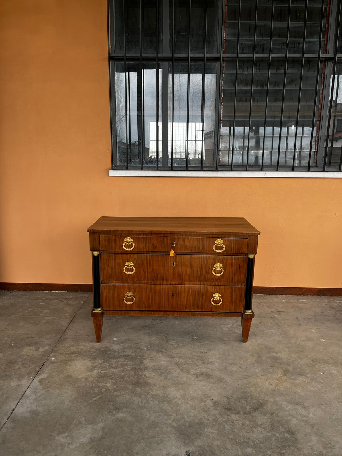 Trois tiroirs, des poignées en bronze doré, du bois de noyer, des formes et des lignes élégantes font de cette commode une pièce intéressante pouvant être utilisée dans différents types de projets de décoration d'intérieur : aussi bien dans les