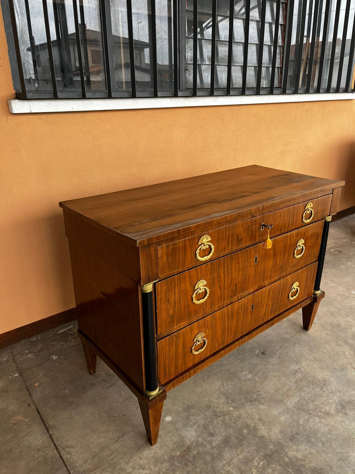 French 19th Century Italian-Lombardy Empire Walnut Golden Bronzes Chest of Drawers For Sale