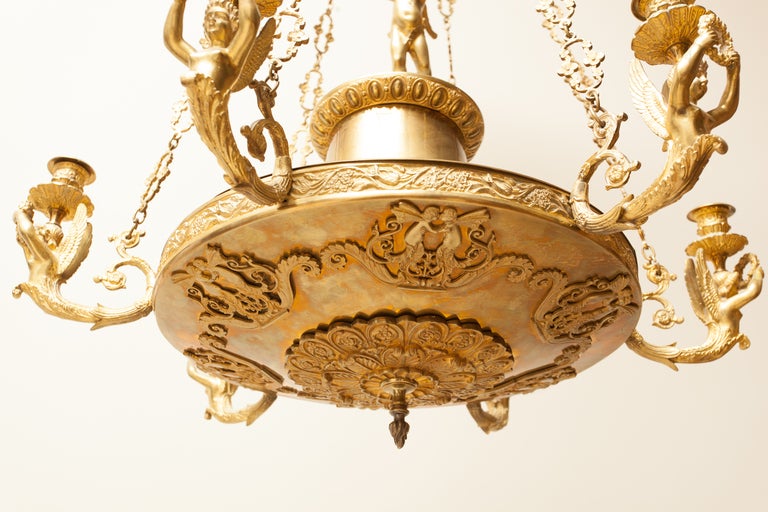 Chandelier made in golden bronze and metal gild of the second French Empire. Has six arms for lights.