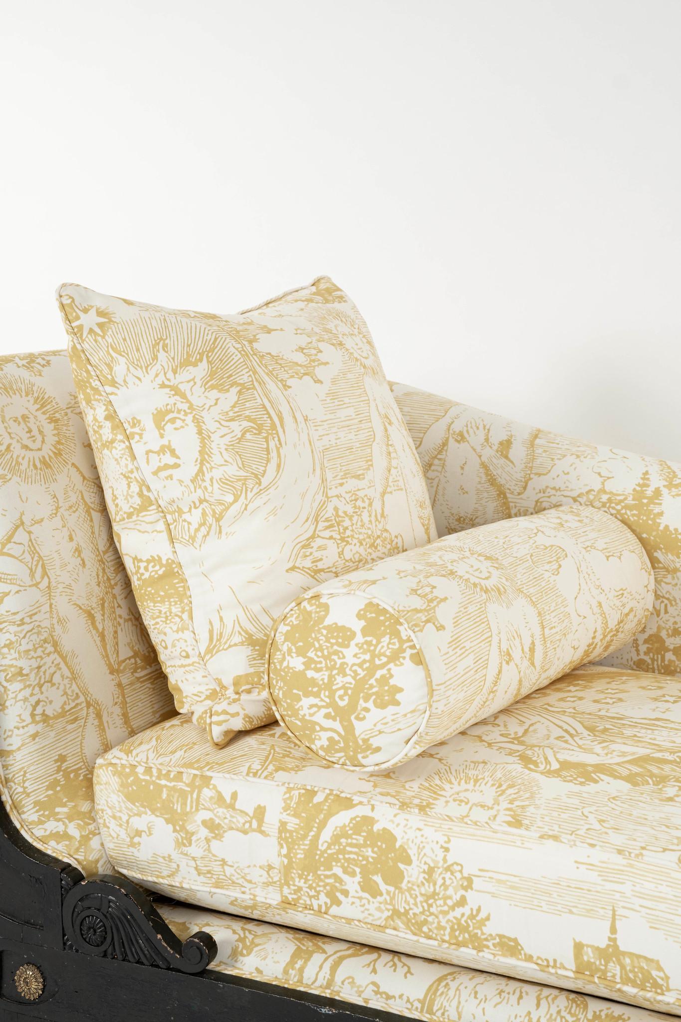 19th Century Empire Johnson Hartig Libertine Yellow Modern Toile Chaise For Sale 8