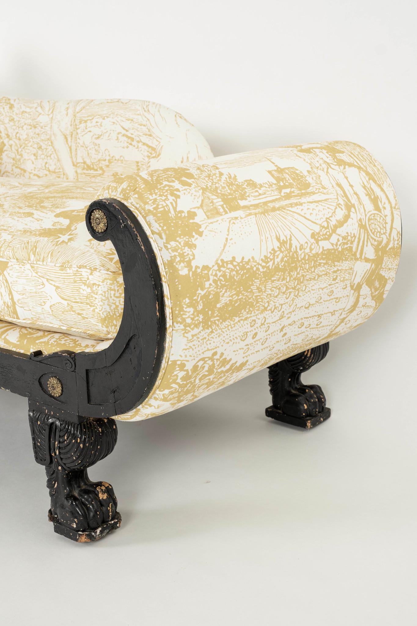 19th Century Empire Johnson Hartig Libertine Yellow Modern Toile Chaise For Sale 10