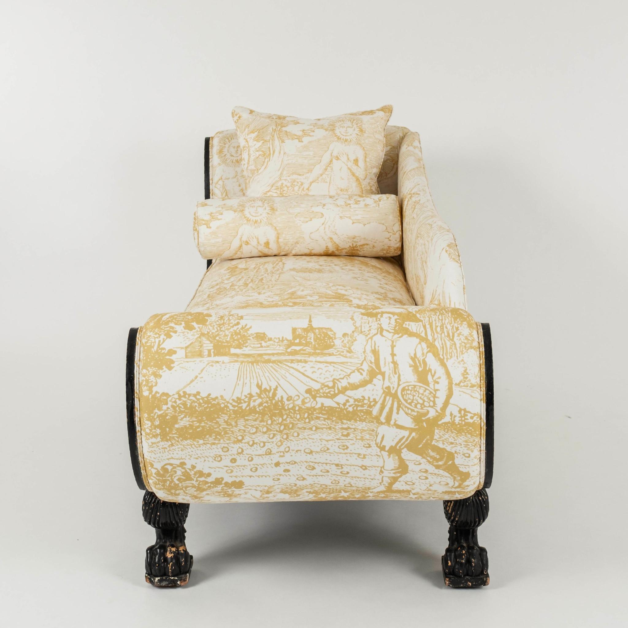 Bronze 19th Century Empire Johnson Hartig Libertine Yellow Modern Toile Chaise For Sale