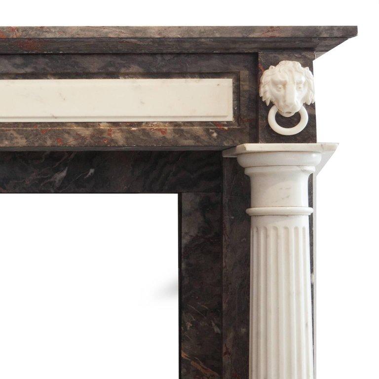 19th Century Empire Marble Fireplace Mantelpiece, Carved Columns and Lion Heads In Good Condition For Sale In London, GB