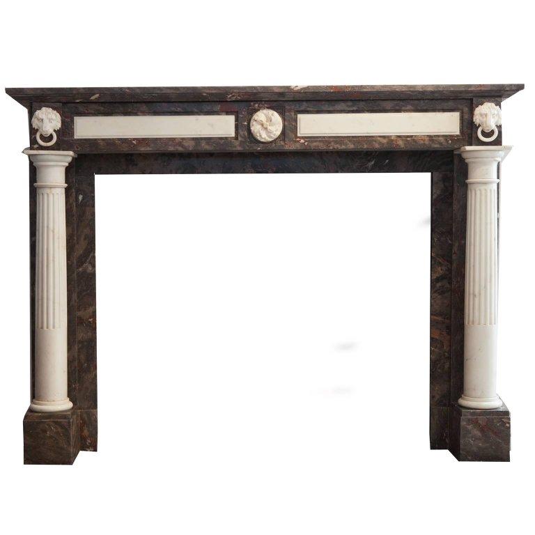 19th Century Empire Marble Fireplace Mantelpiece, Carved Columns and Lion Heads For Sale