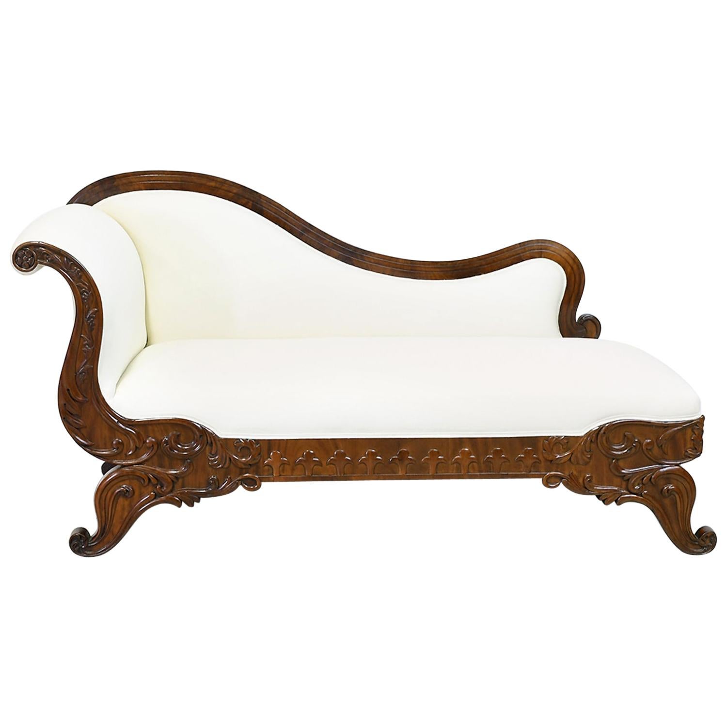 19th Century Empire Meridienne or Recamier in Carved Mahogany with Upholstery