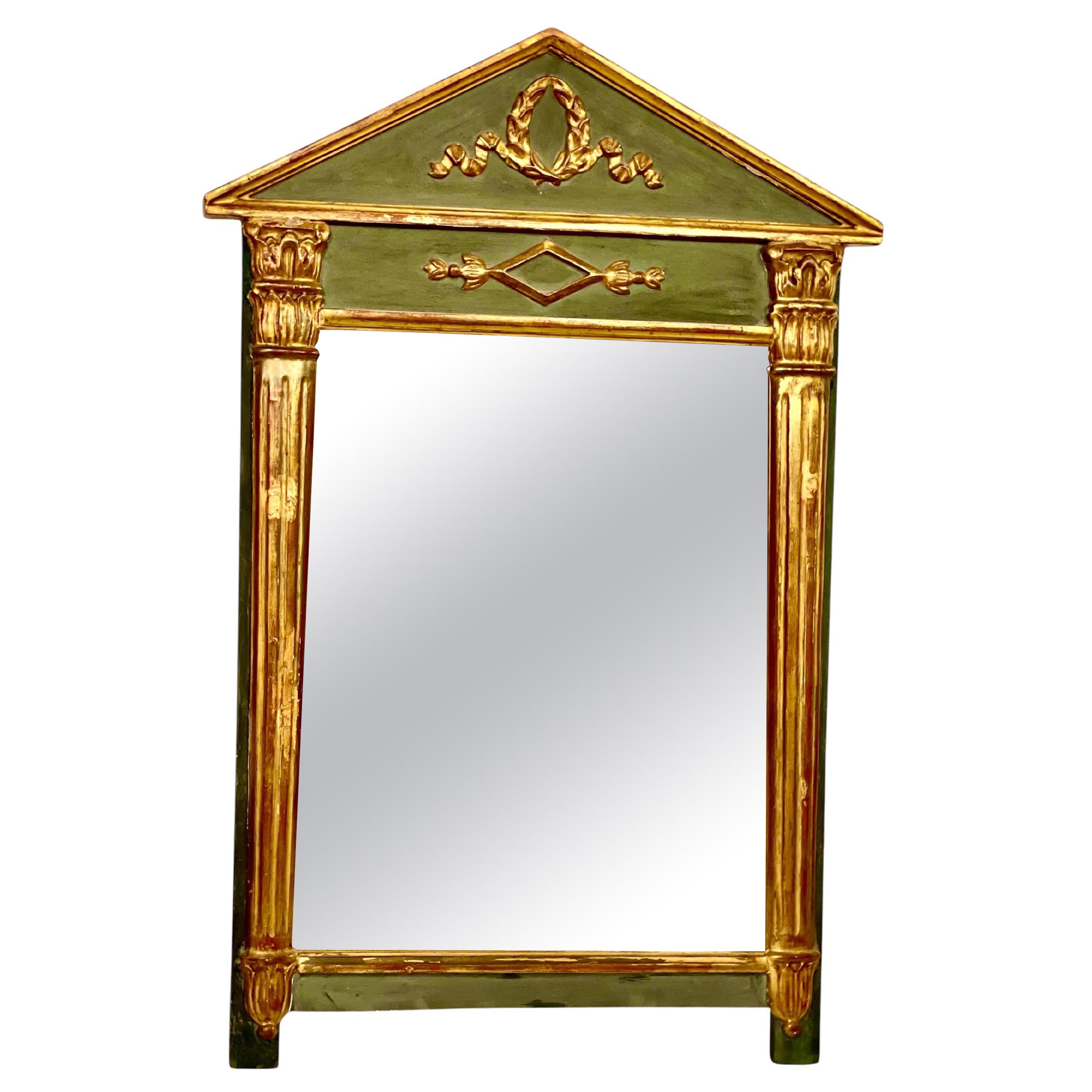 19th Century Empire Mirror with Pediment and Painted Scenic Panel