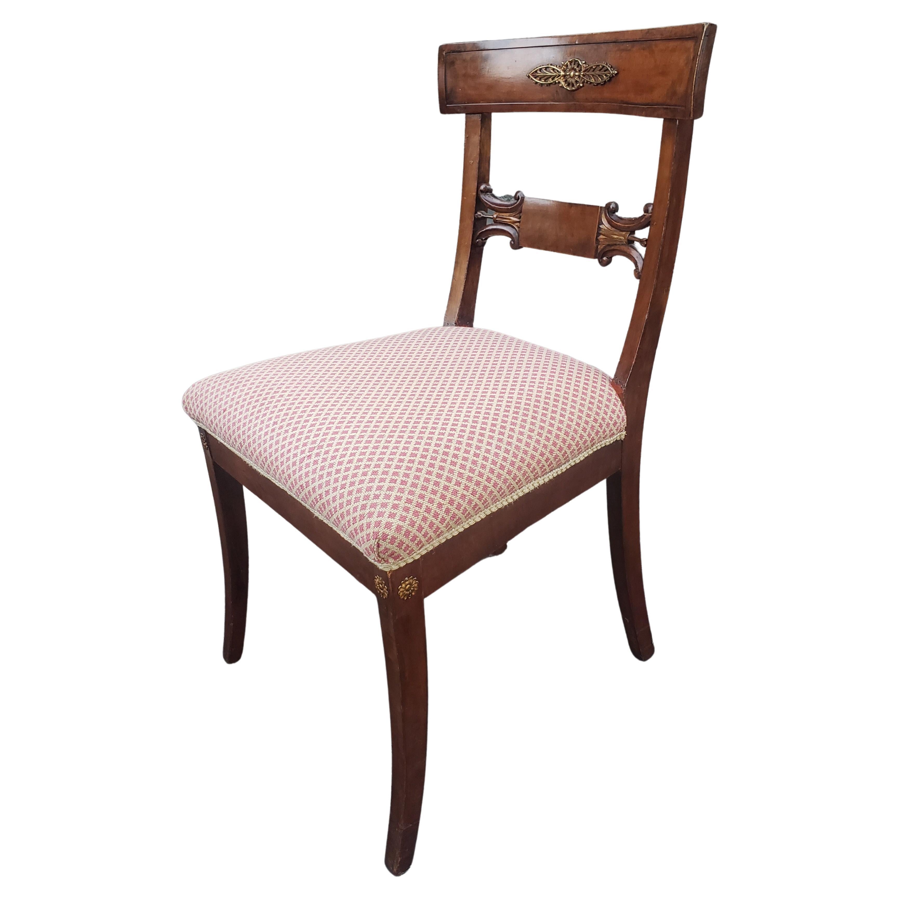 American Empire 19th Century Empire Ormolu Mounted, Partial Gilt Mahogany & Upholstered Chair For Sale