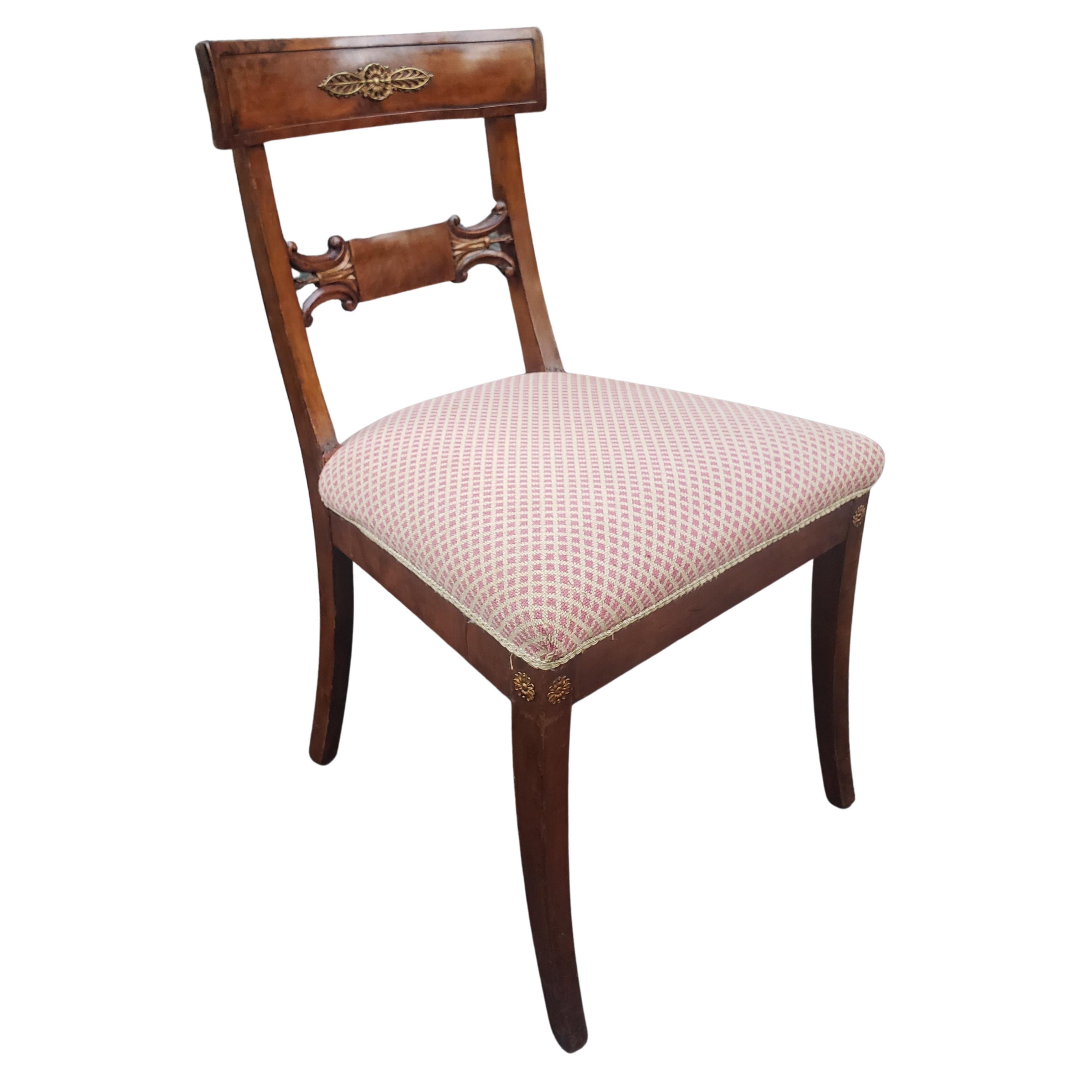 American 19th Century Empire Ormolu Mounted, Partial Gilt Mahogany & Upholstered Chair For Sale