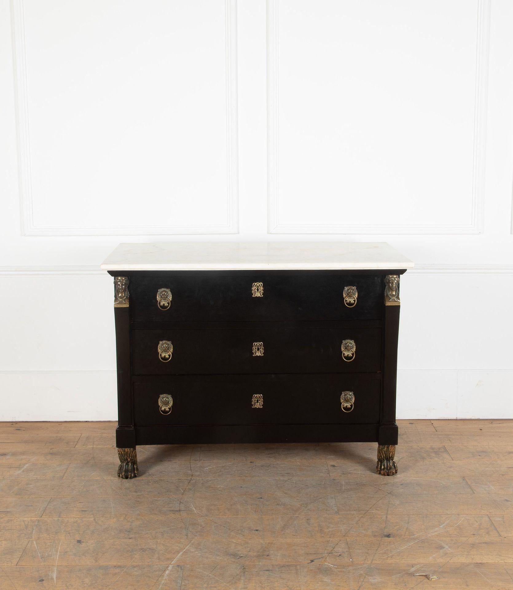 Fab early 19th Century Empire three drawer marble topped commode.

Of French origin, circa 1820 with an original marble top, three deep drawers carved paw feet.

Circa 1820.