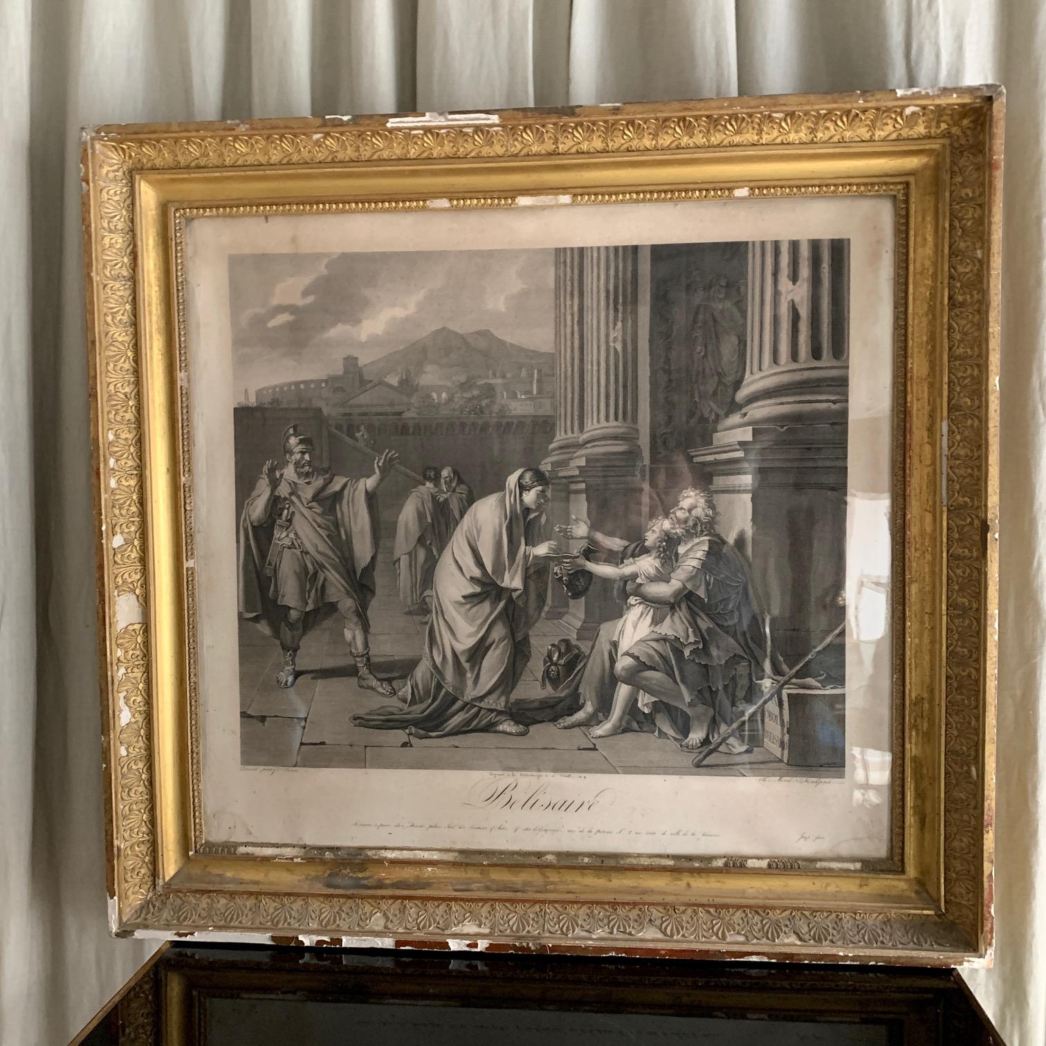 Une grande gravure de la période Empire du début du 19ème siècle. représentant Belisarius recevant Almas, cadre d'origine doré dans le goût classique, avec verre d'origine.