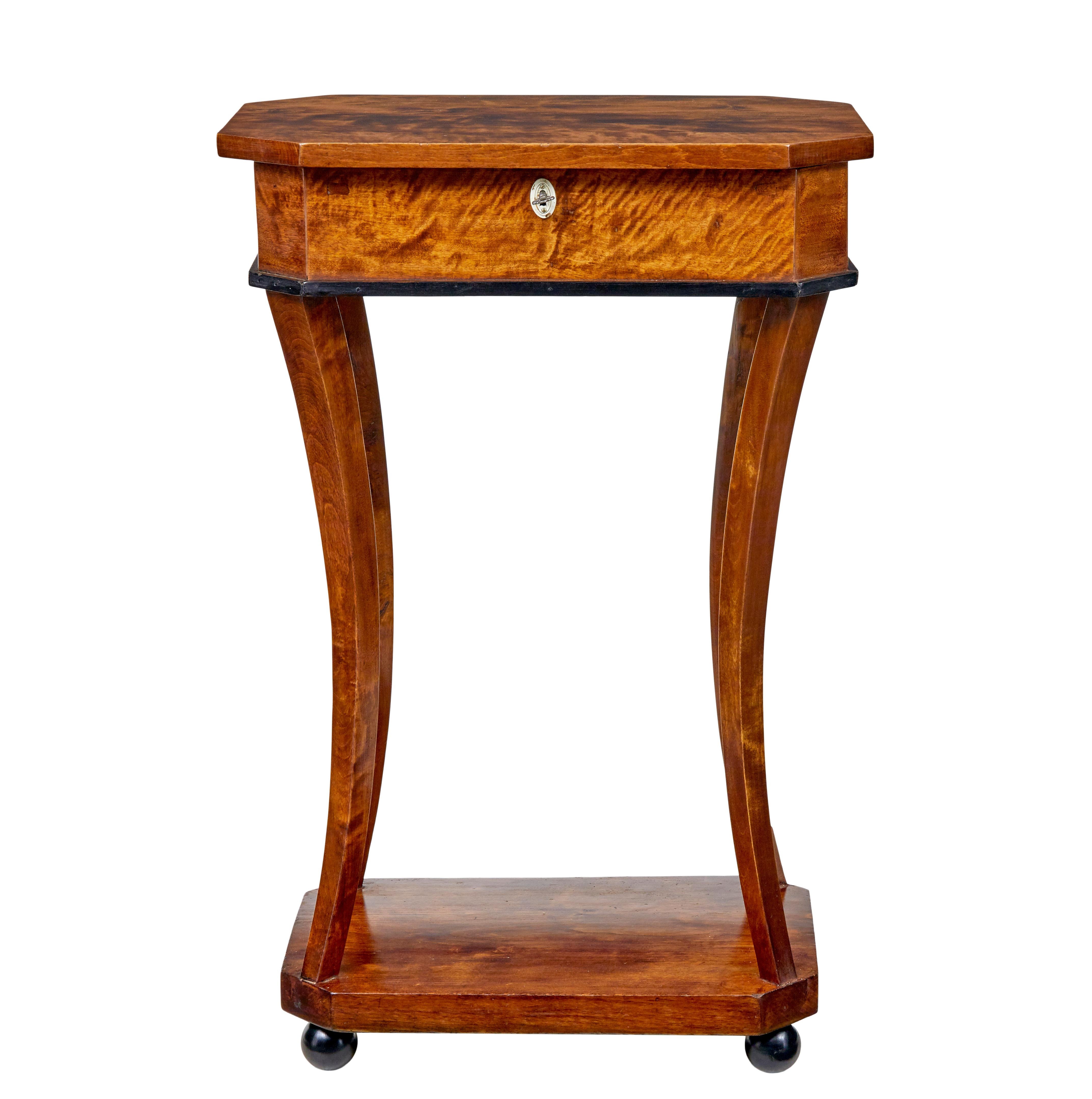 19th century empire revival birch sewing table circa 1880.

Good quality Swedish empire revival sewing/work table which could equally be used as a side or lamp table.

Octagonal top which unlocks and lifts up to reveal a compartment fitted