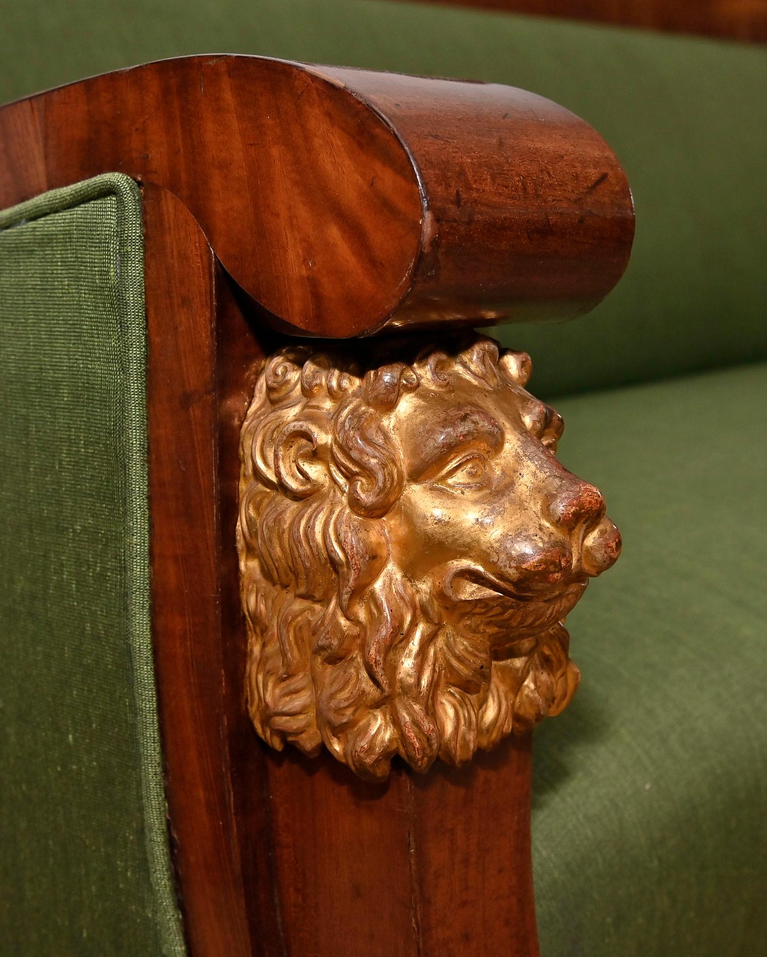 19th Century Empire Sofa Berlin Brandenburg Mahogany Carved Gilded Lions In Good Condition For Sale In Epfach, DE