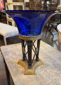 19th Century Empire Style Bronze and Cobalt Blue Glass Centerpiece