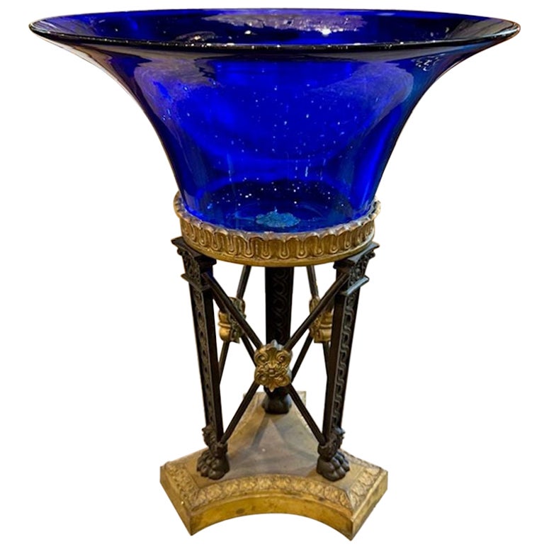 19th Century Empire Style Bronze and Cobalt Blue Glass Centerpiece