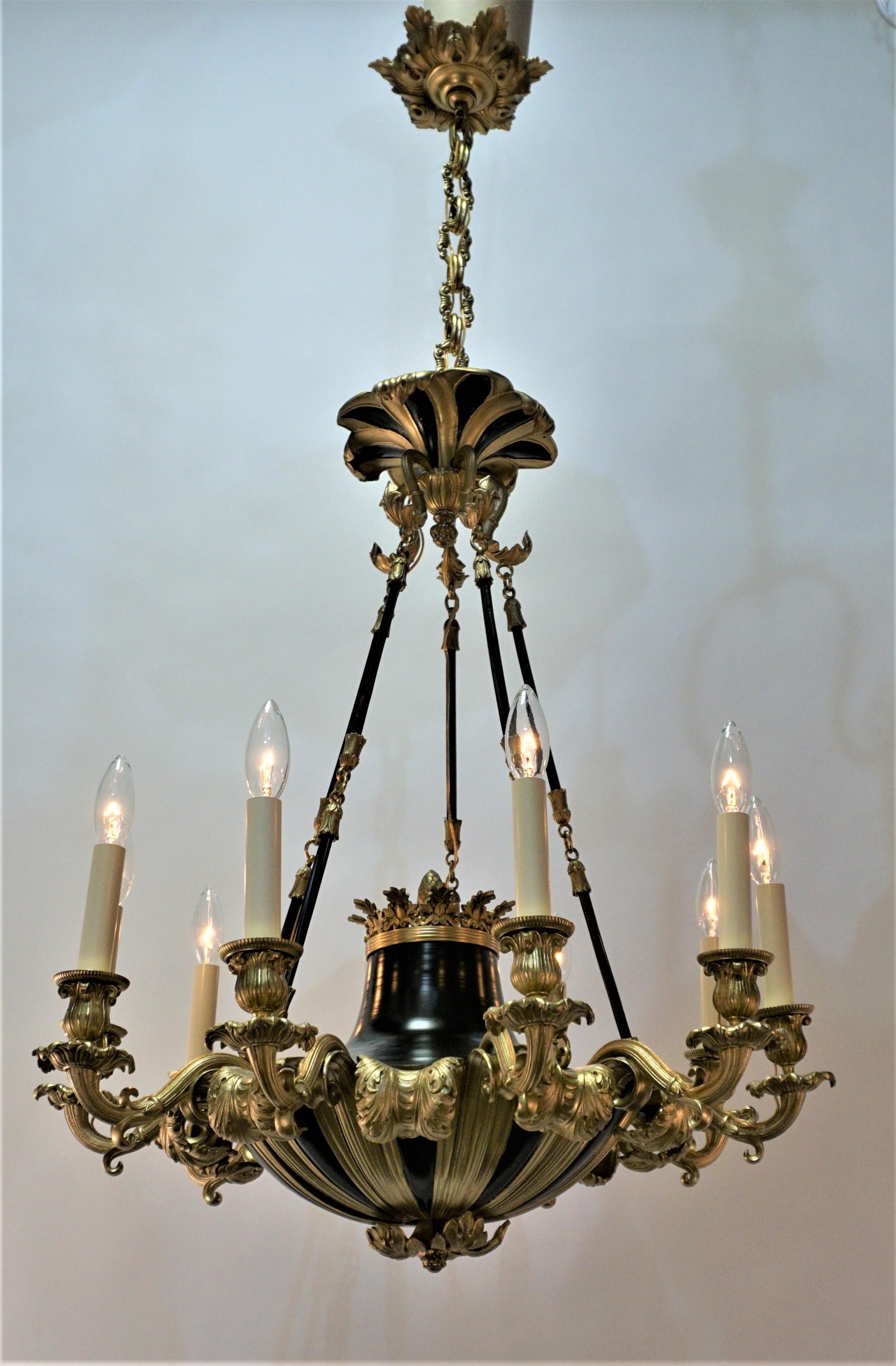 French 19th century bronze electrified Empire style ten arm chandelier.
Minimum height fully installed ( 1 link chain ) 33