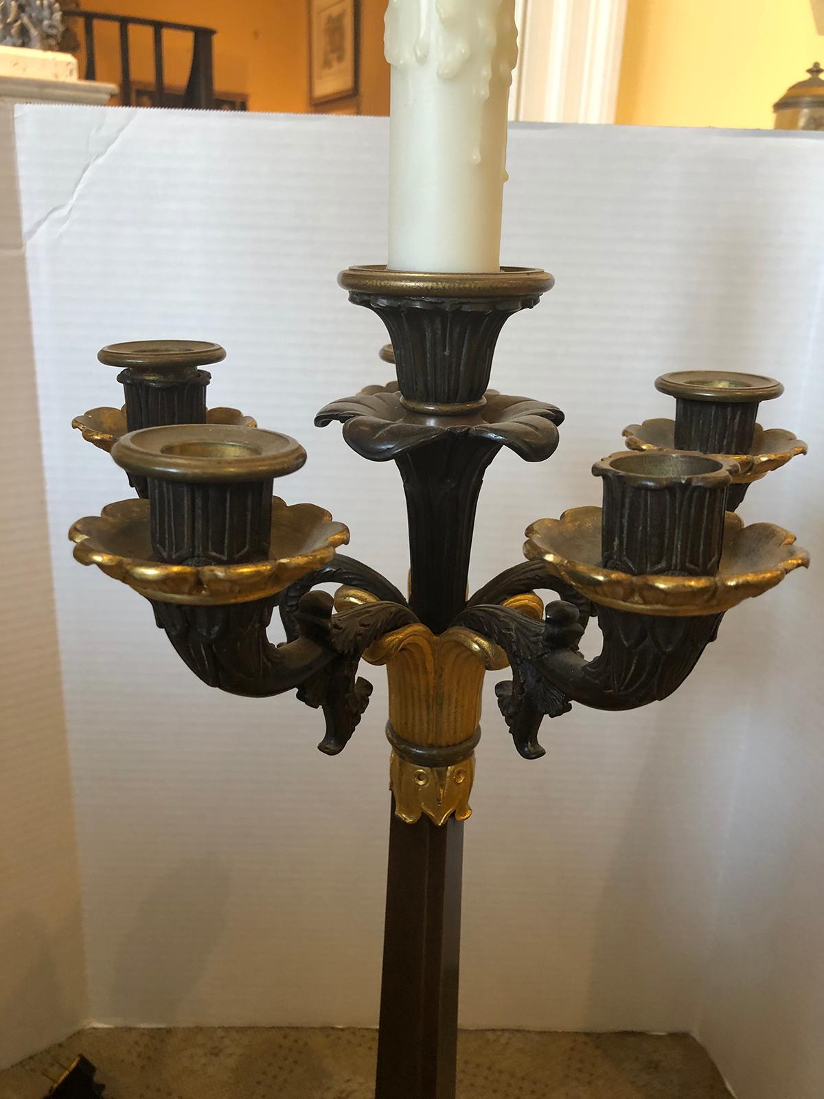 19th Century Empire Style Bronze Five-Arm Candelabra as Lamp In Good Condition For Sale In Atlanta, GA