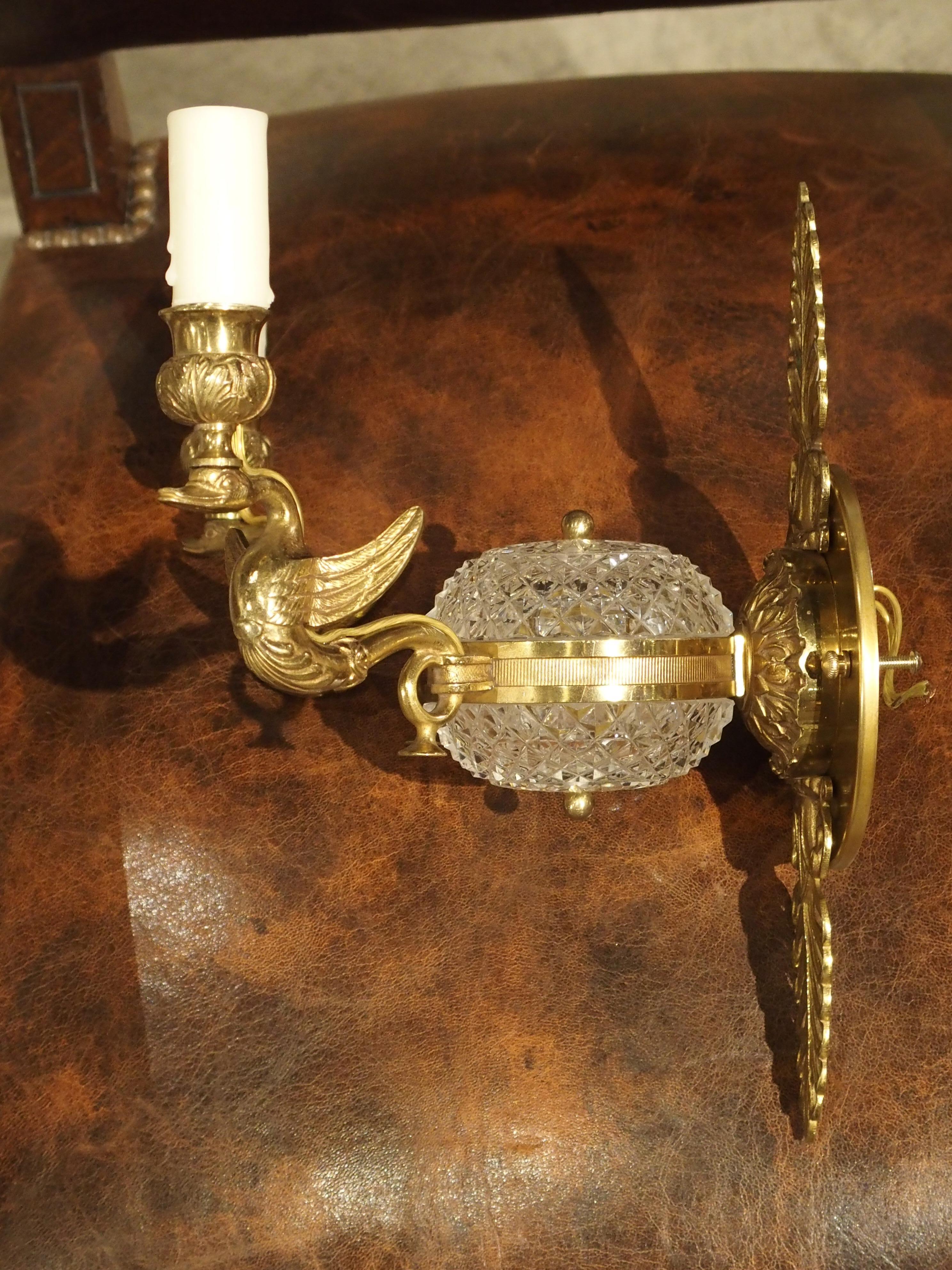 19th Century Empire Style Crystal and Bronze Swan Sconce from France In Good Condition In Dallas, TX